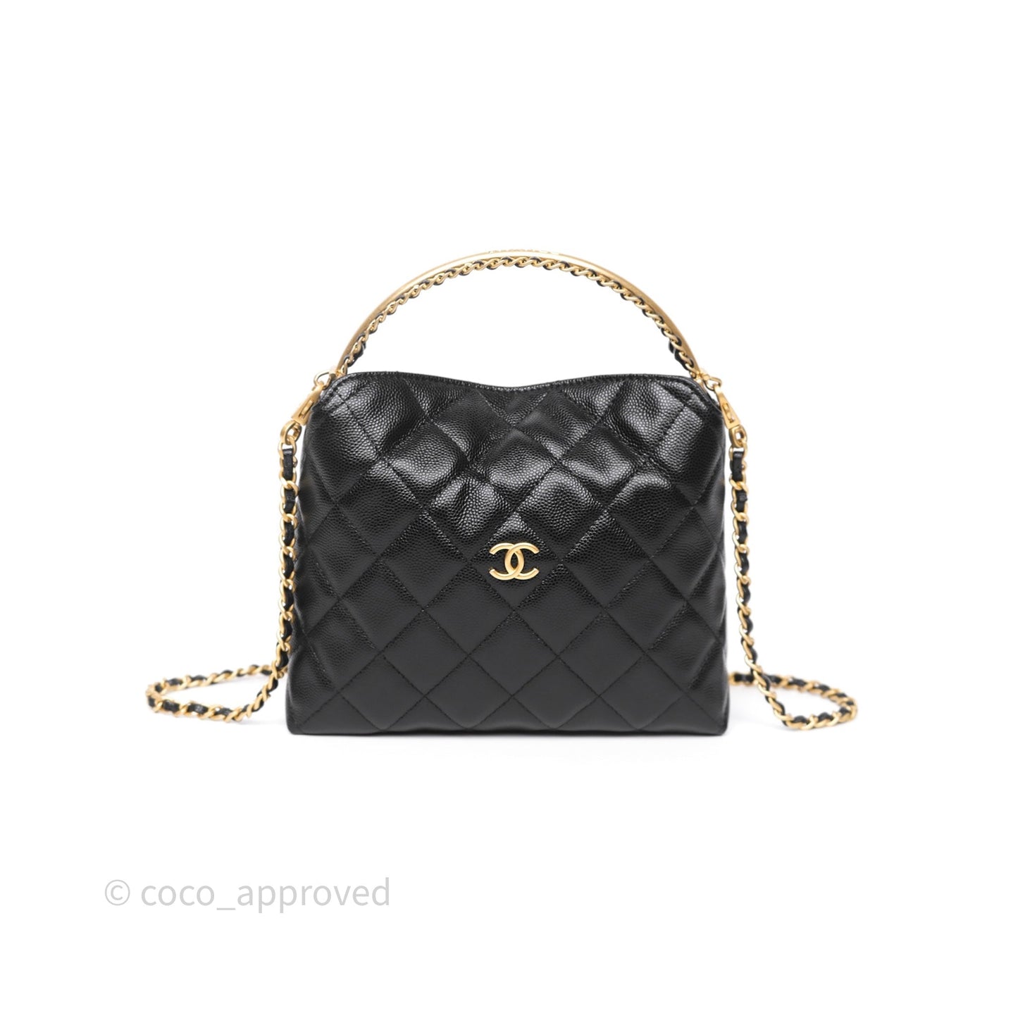 Chanel Metal Top Handle Clutch with Chain Black Caviar Aged Gold Hardware 24A