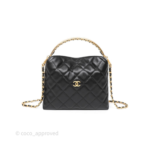Chanel Metal Top Handle Clutch with Chain Black Caviar Aged Gold Hardware 24A