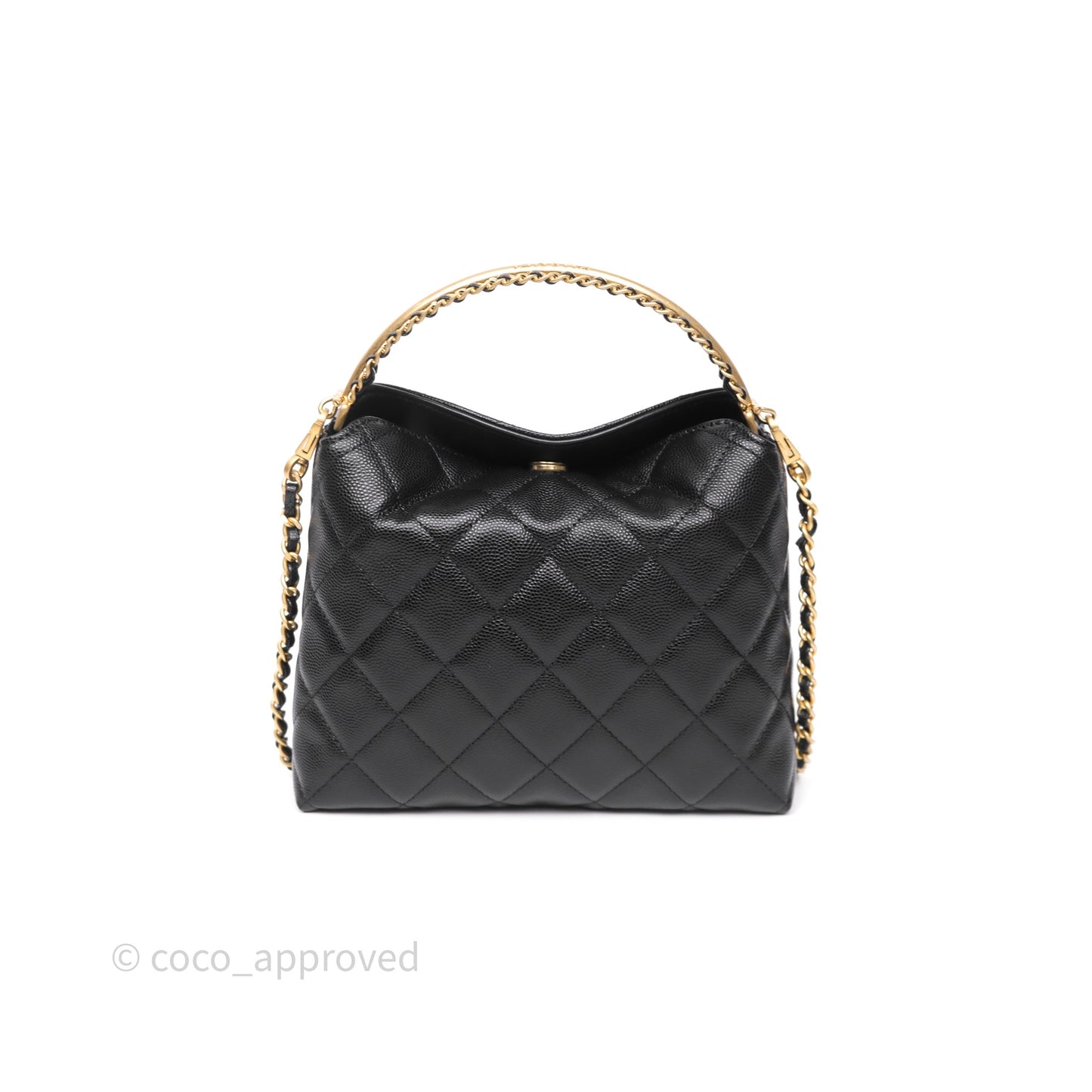 Chanel Metal Top Handle Clutch with Chain Black Caviar Aged Gold Hardware 24A