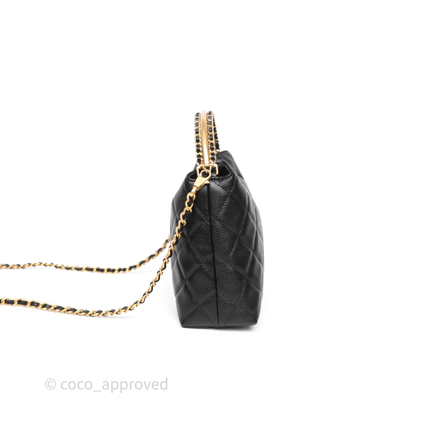 Chanel Metal Top Handle Clutch with Chain Black Caviar Aged Gold Hardware 24A