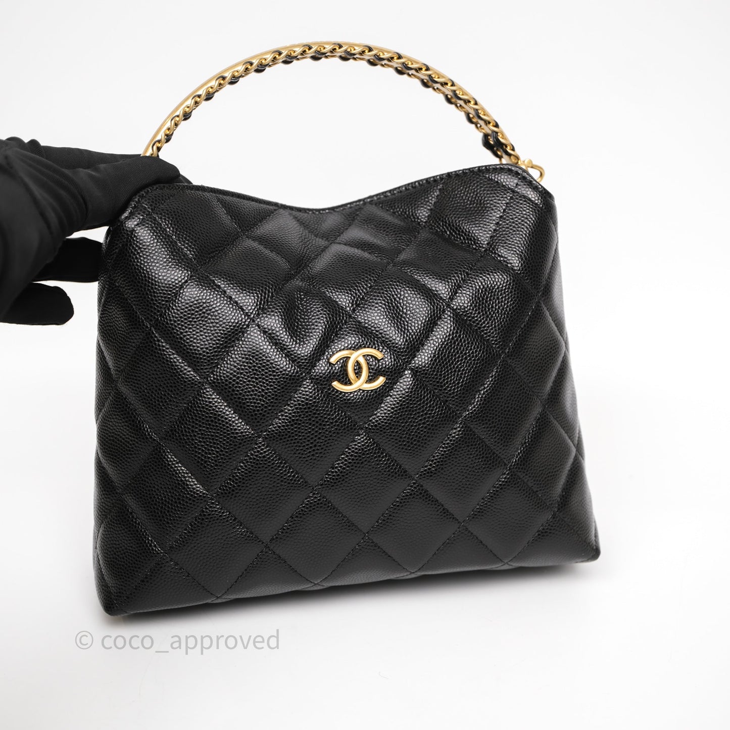 Chanel Metal Top Handle Clutch with Chain Black Caviar Aged Gold Hardware 24A