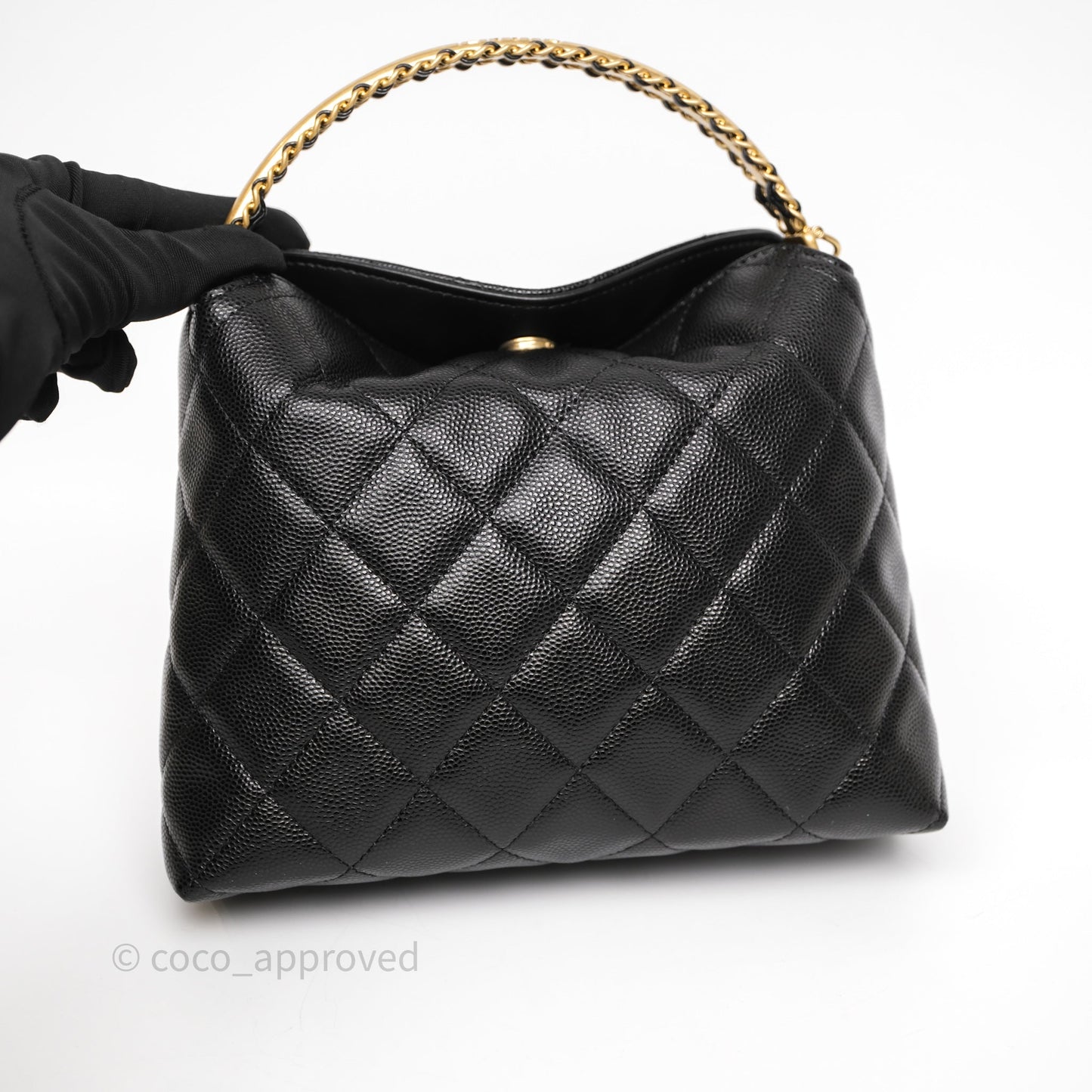 Chanel Metal Top Handle Clutch with Chain Black Caviar Aged Gold Hardware 24A