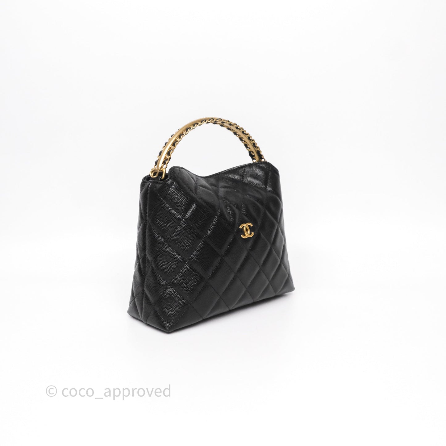 Chanel Metal Top Handle Clutch with Chain Black Caviar Aged Gold Hardware 24A