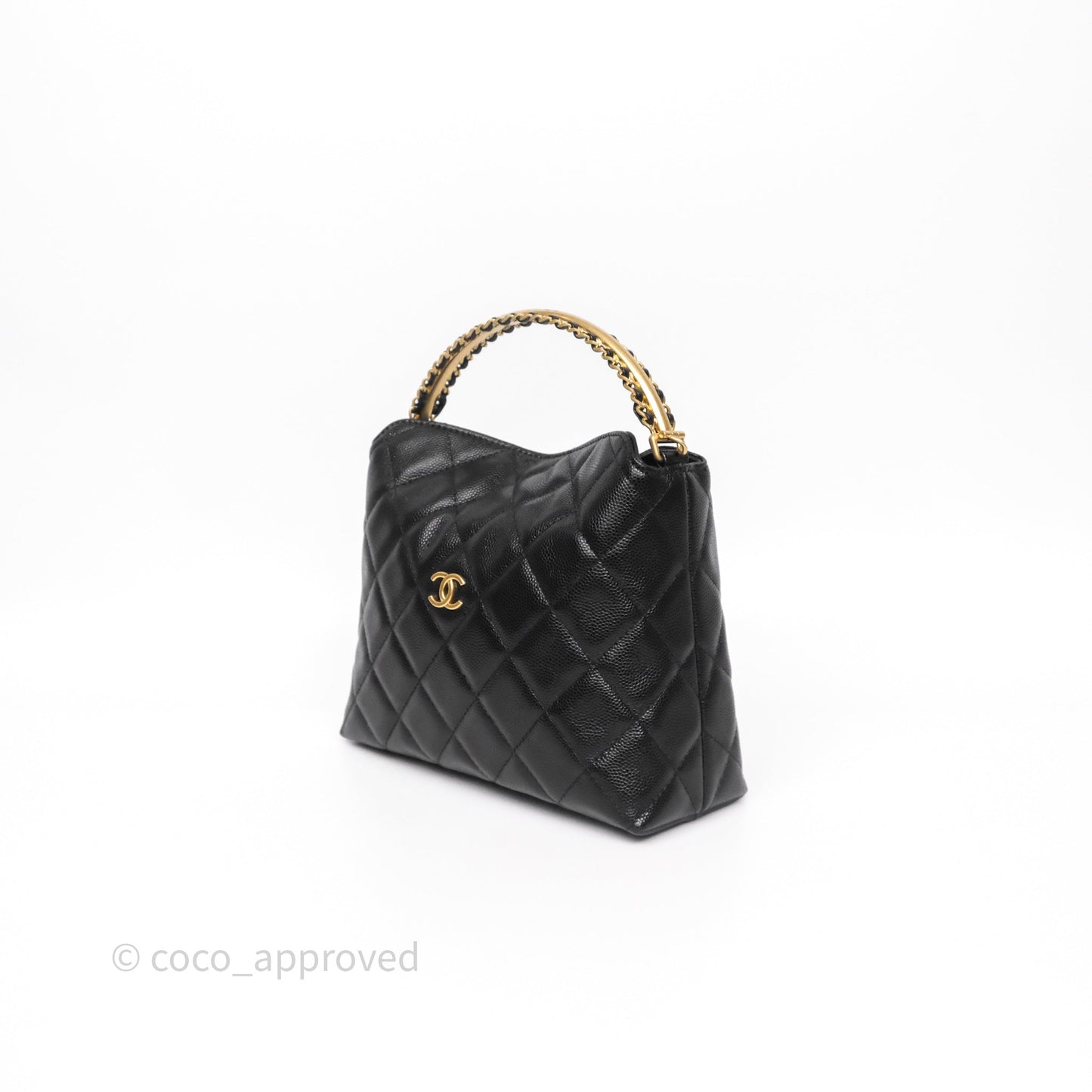 Chanel Metal Top Handle Clutch with Chain Black Caviar Aged Gold Hardware 24A