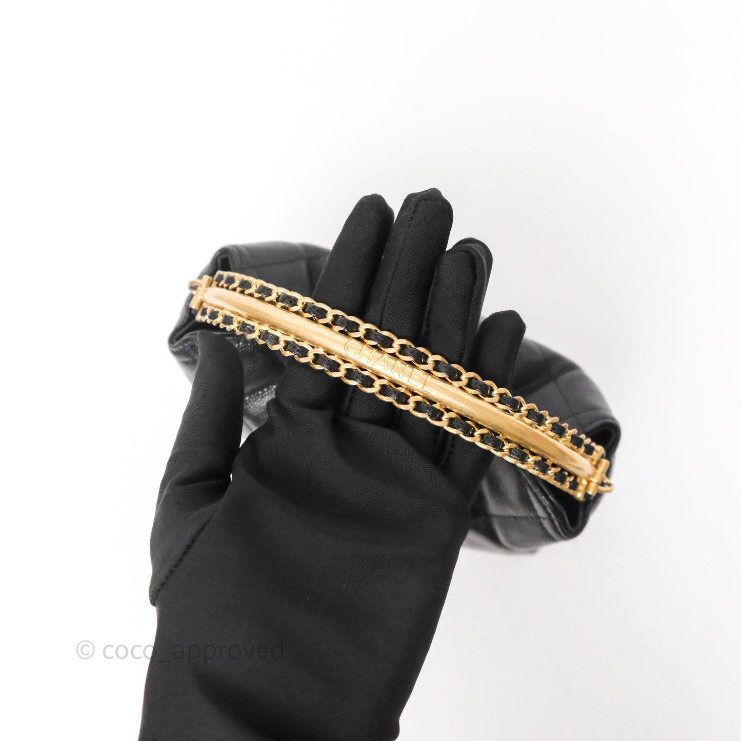 Chanel Metal Top Handle Clutch with Chain Black Caviar Aged Gold Hardware 24A