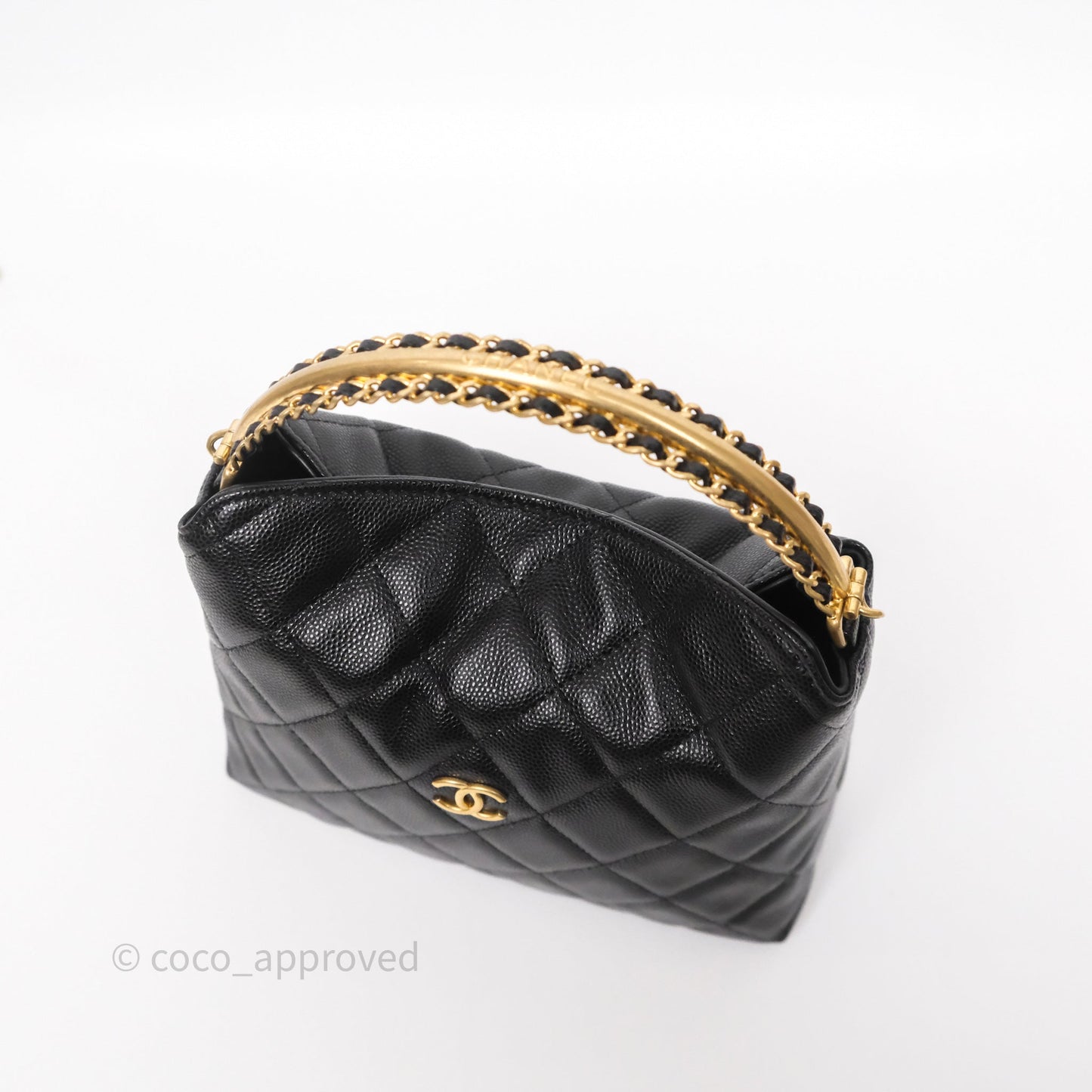 Chanel Metal Top Handle Clutch with Chain Black Caviar Aged Gold Hardware 24A