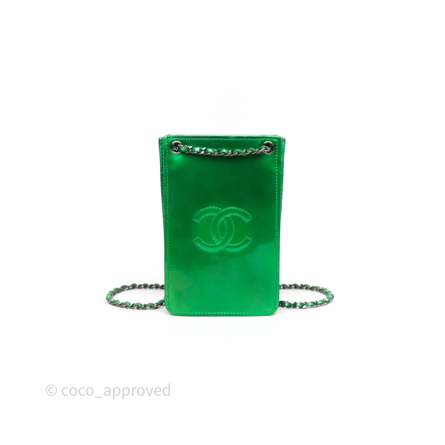 Chanel CC Phone Holder Metallic Green Patent Gun Metal Hardware