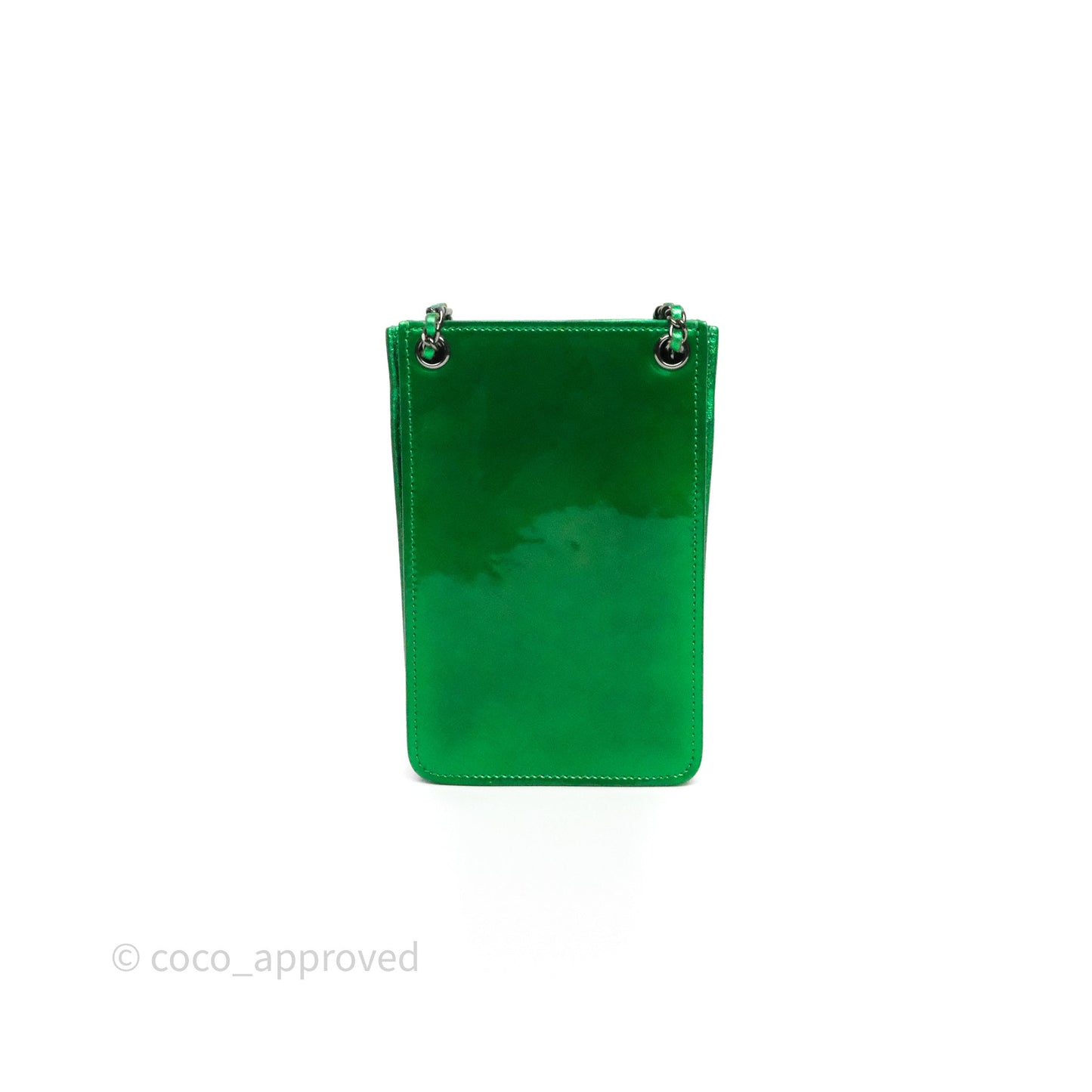 Chanel CC Phone Holder Metallic Green Patent Gun Metal Hardware