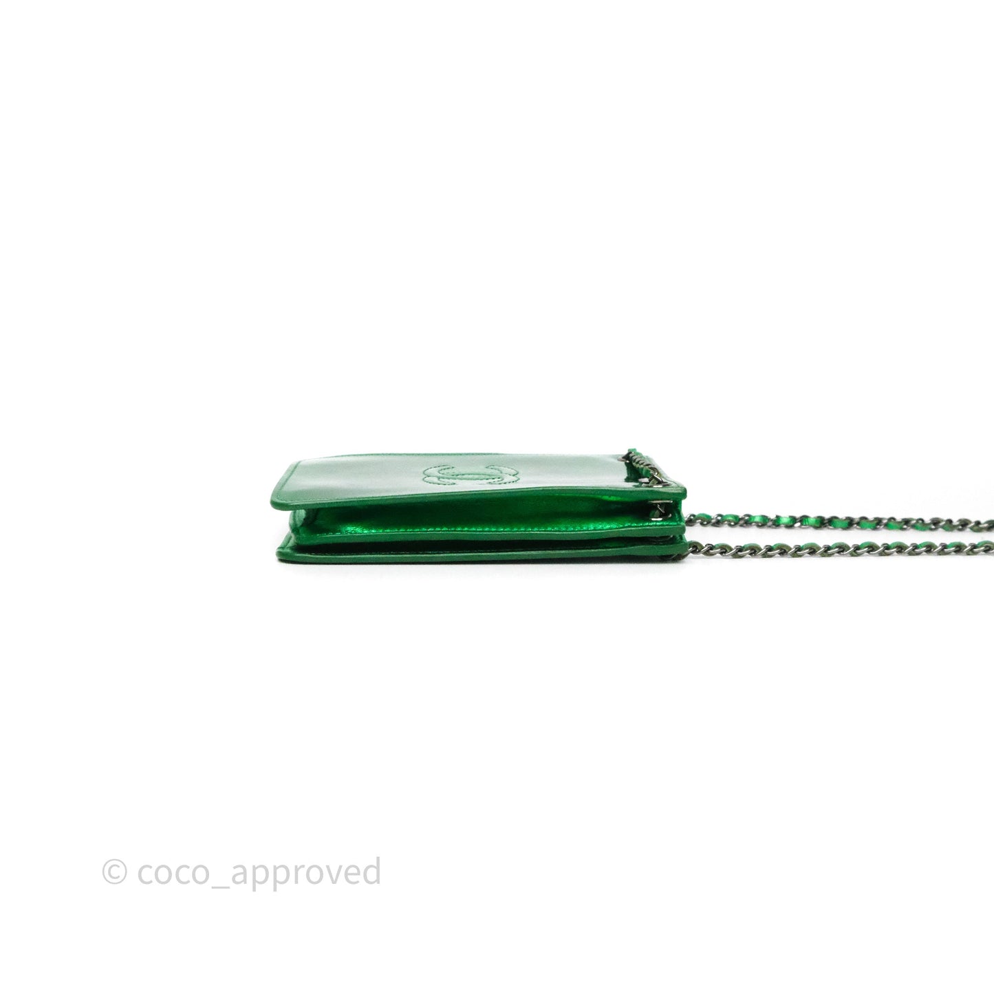 Chanel CC Phone Holder Metallic Green Patent Gun Metal Hardware