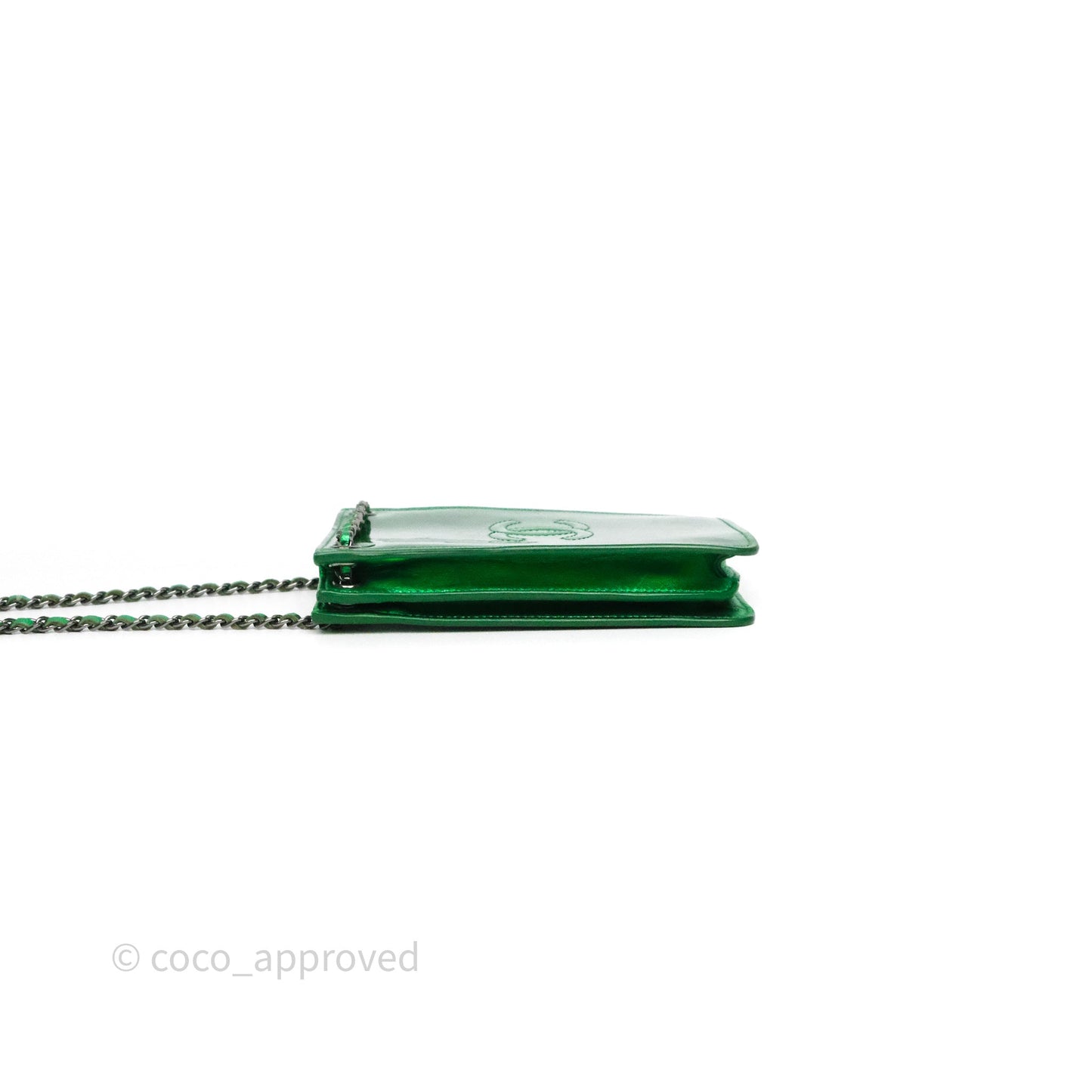 Chanel CC Phone Holder Metallic Green Patent Gun Metal Hardware