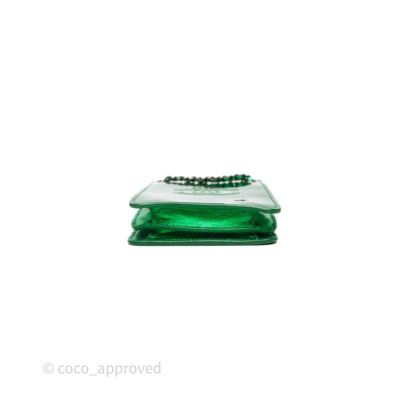 Chanel CC Phone Holder Metallic Green Patent Gun Metal Hardware