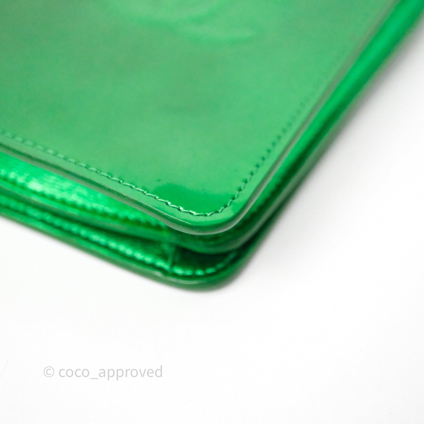 Chanel CC Phone Holder Metallic Green Patent Gun Metal Hardware