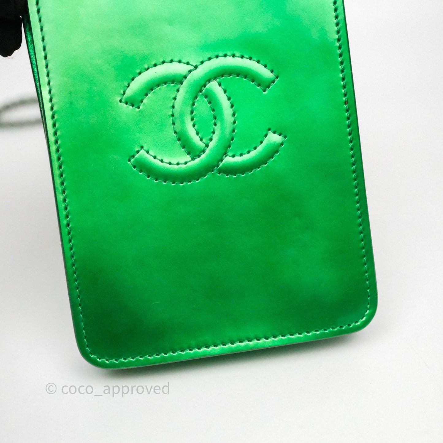 Chanel CC Phone Holder Metallic Green Patent Gun Metal Hardware