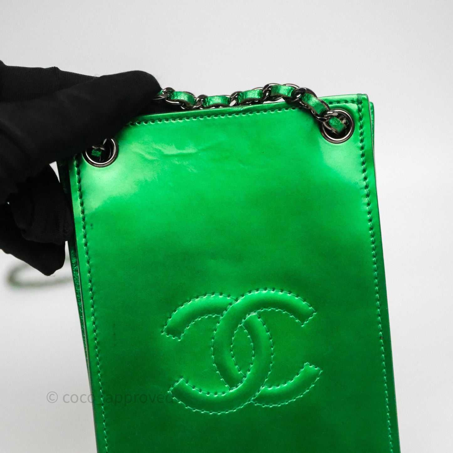 Chanel CC Phone Holder Metallic Green Patent Gun Metal Hardware