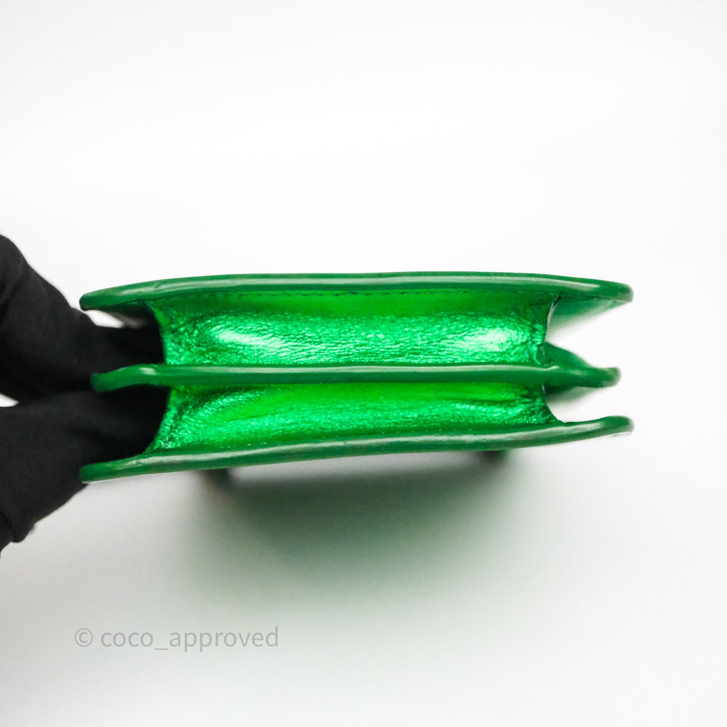 Chanel CC Phone Holder Metallic Green Patent Gun Metal Hardware