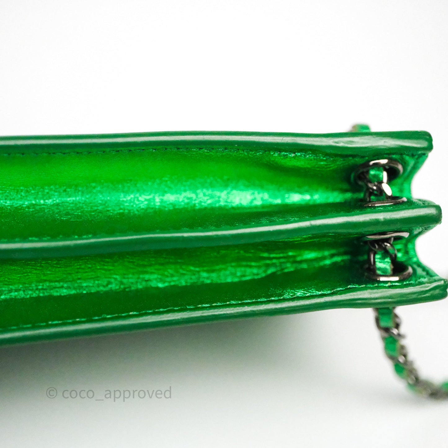 Chanel CC Phone Holder Metallic Green Patent Gun Metal Hardware