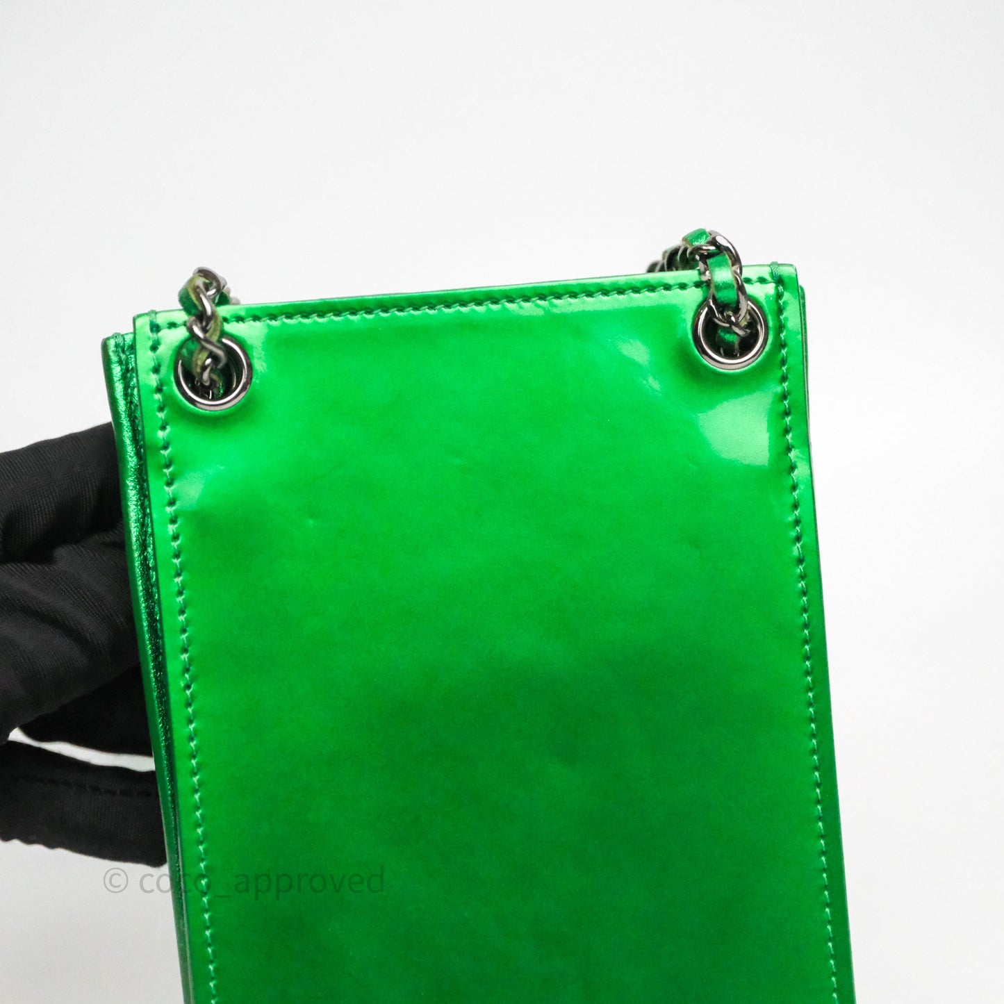 Chanel CC Phone Holder Metallic Green Patent Gun Metal Hardware