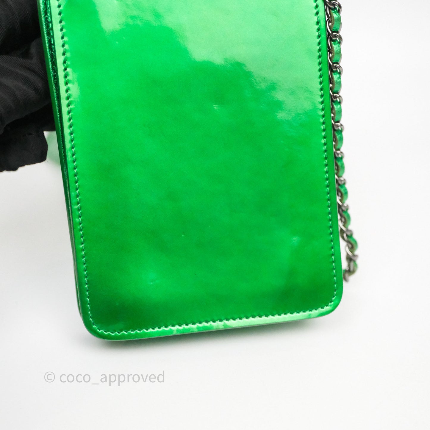 Chanel CC Phone Holder Metallic Green Patent Gun Metal Hardware