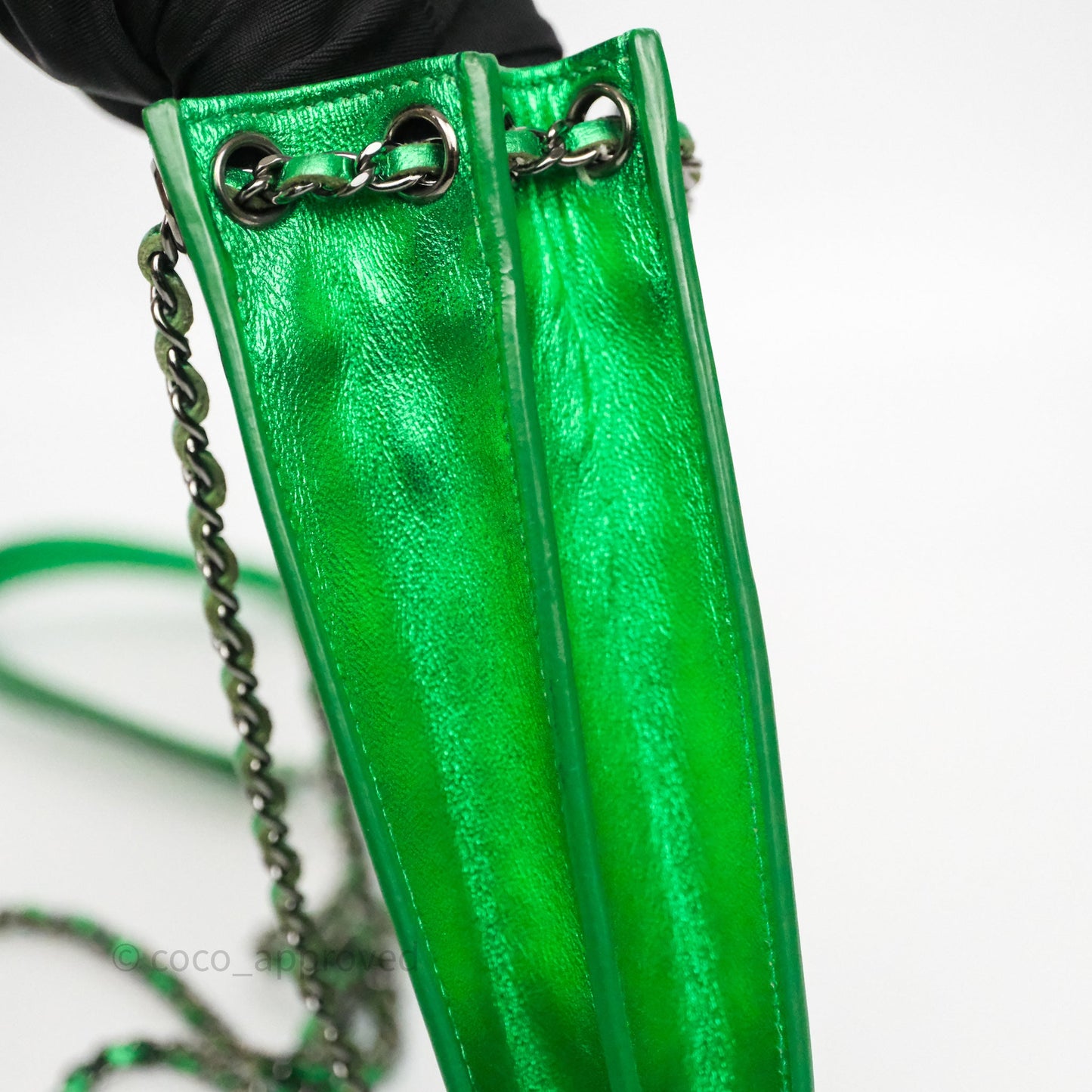 Chanel CC Phone Holder Metallic Green Patent Gun Metal Hardware