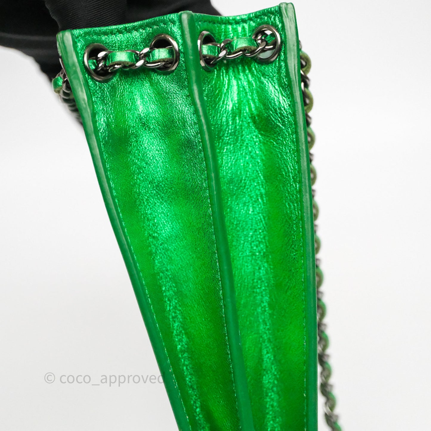 Chanel CC Phone Holder Metallic Green Patent Gun Metal Hardware
