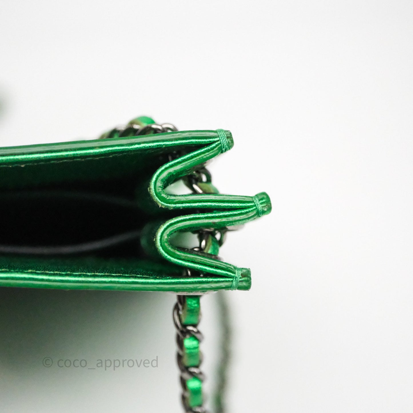 Chanel CC Phone Holder Metallic Green Patent Gun Metal Hardware