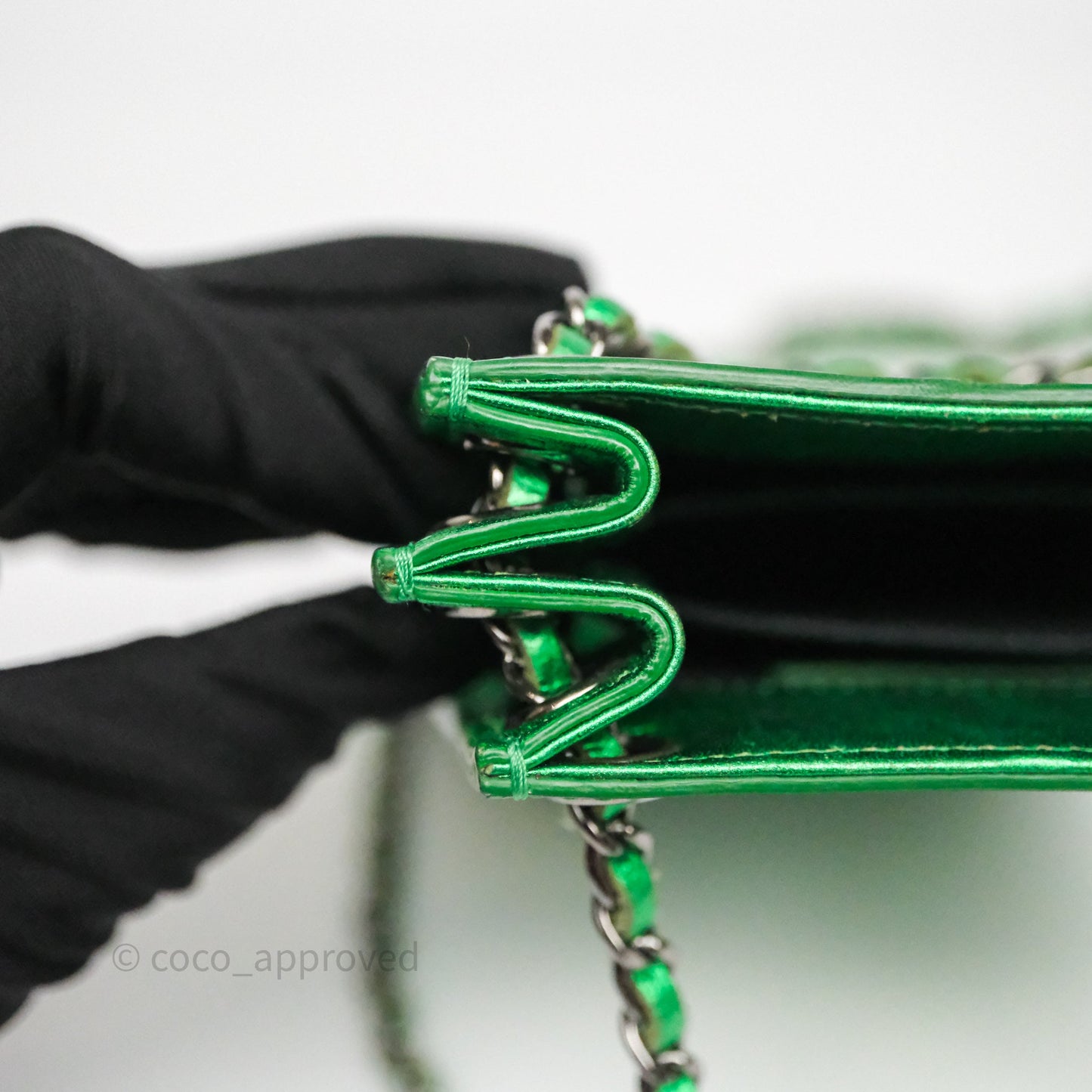 Chanel CC Phone Holder Metallic Green Patent Gun Metal Hardware
