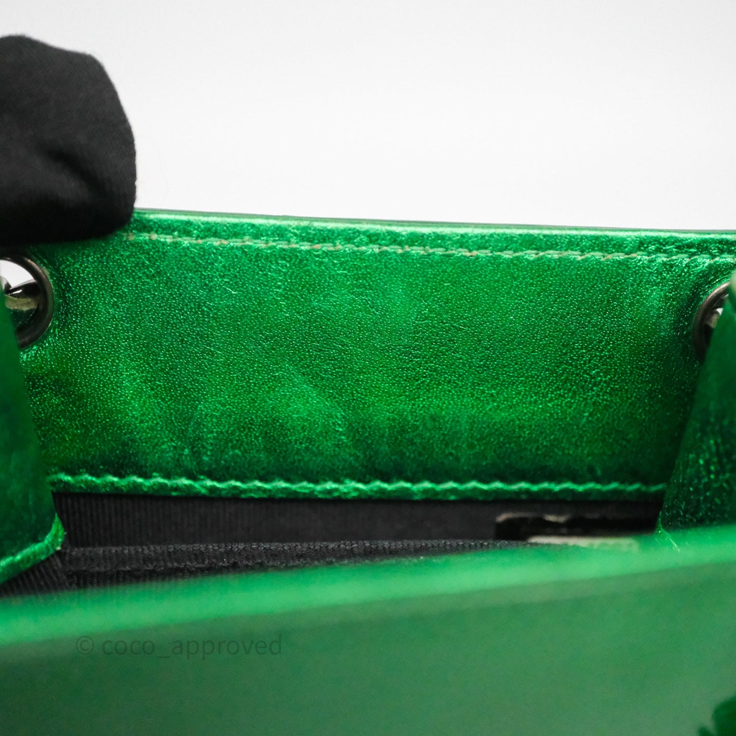 Chanel CC Phone Holder Metallic Green Patent Gun Metal Hardware