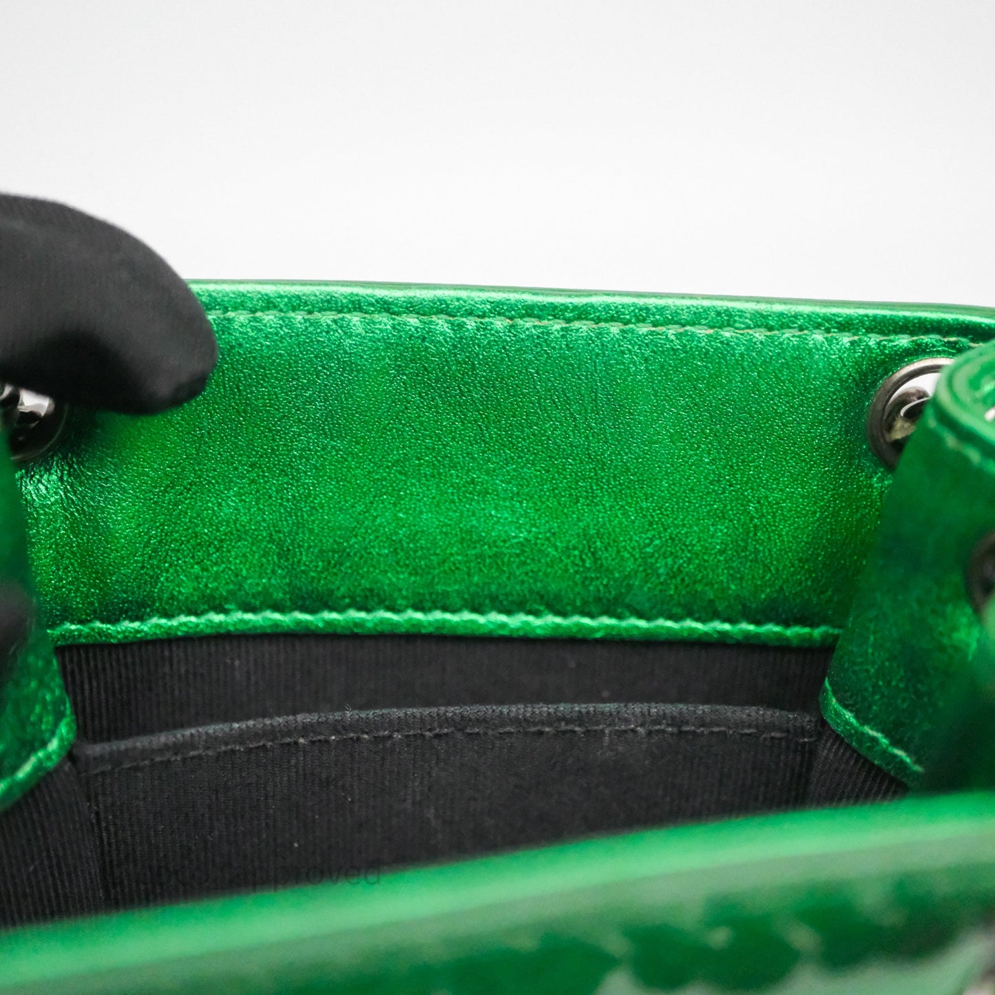 Chanel CC Phone Holder Metallic Green Patent Gun Metal Hardware