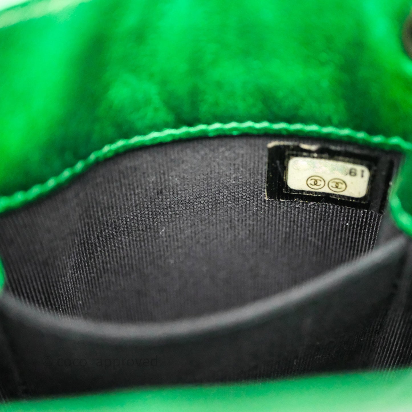 Chanel CC Phone Holder Metallic Green Patent Gun Metal Hardware