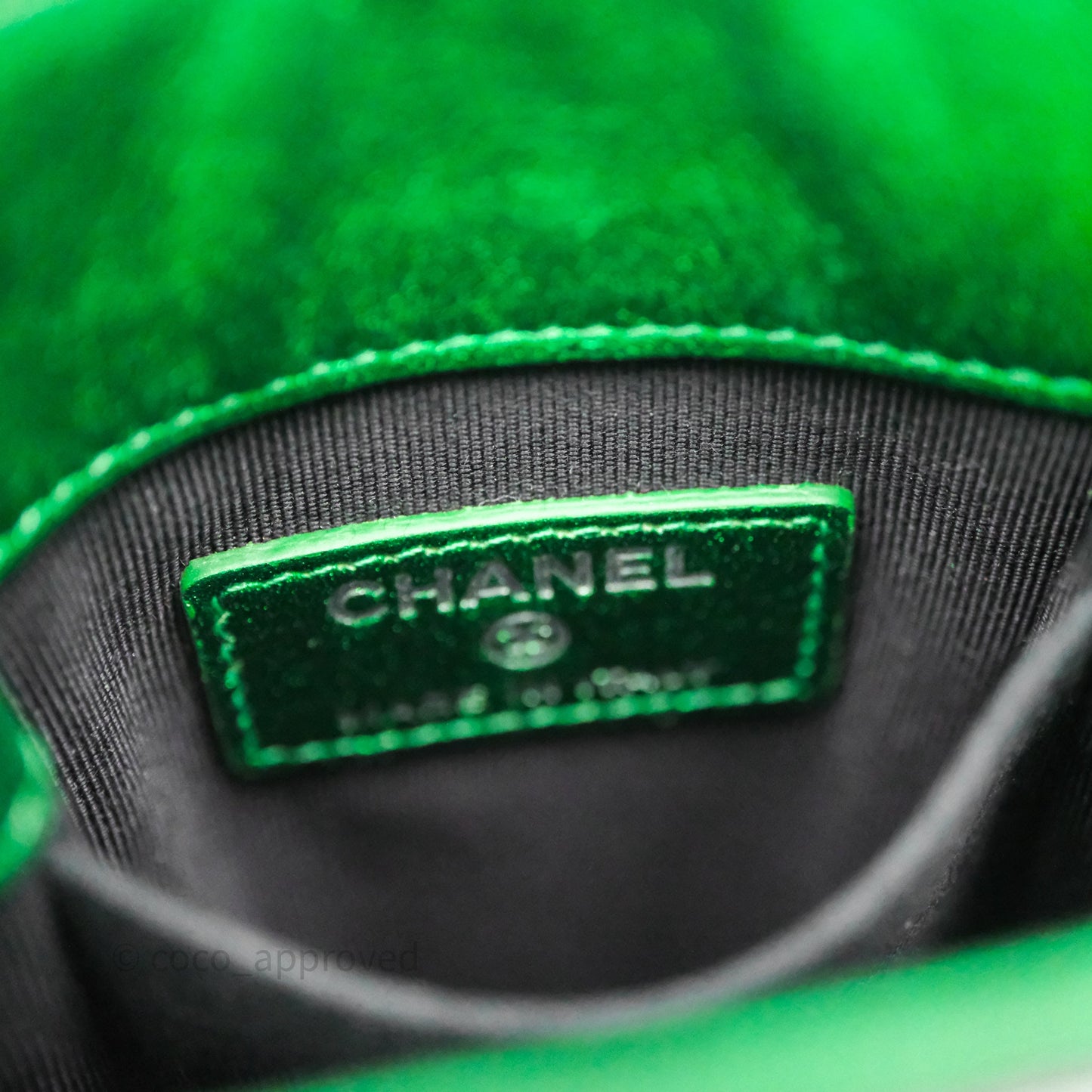 Chanel CC Phone Holder Metallic Green Patent Gun Metal Hardware