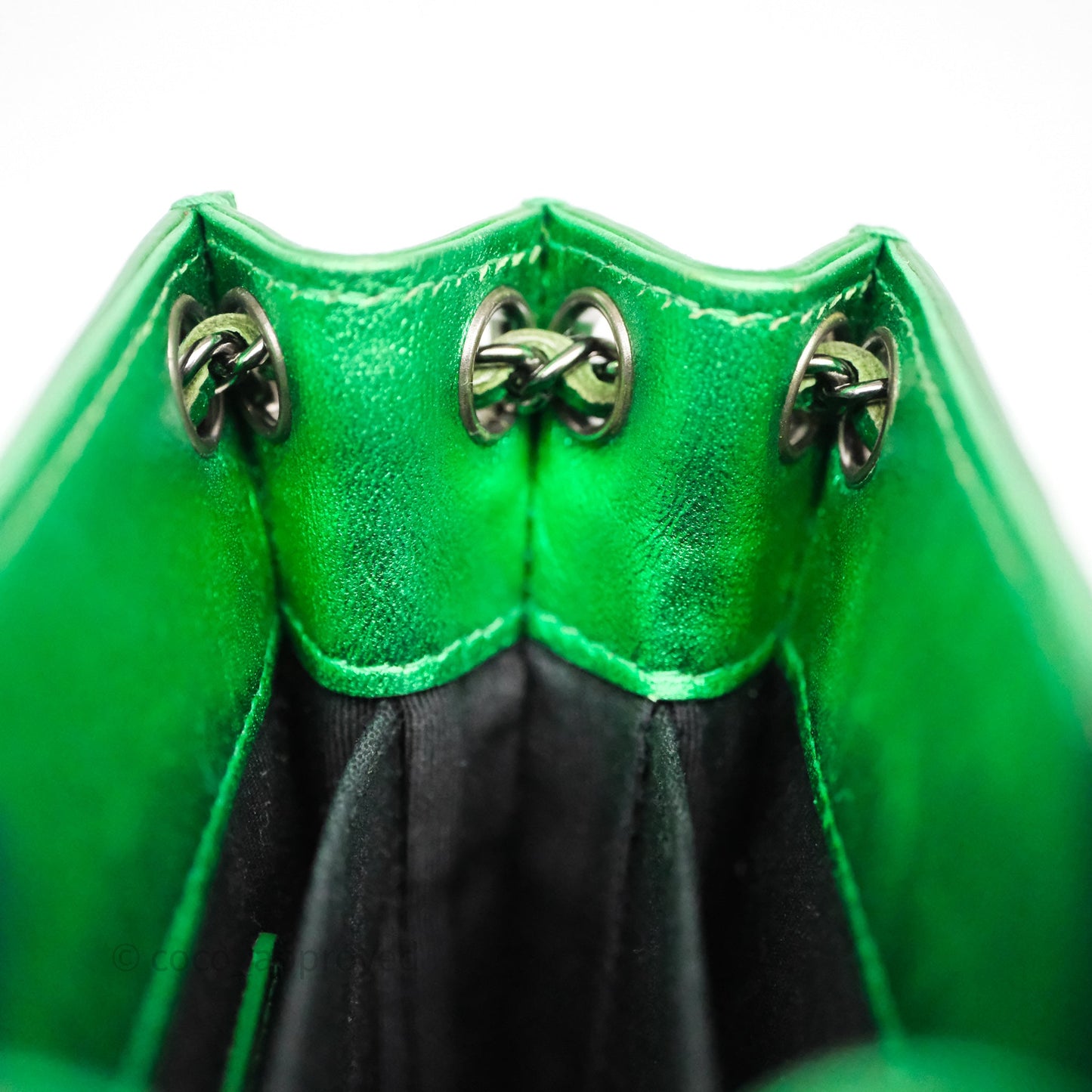 Chanel CC Phone Holder Metallic Green Patent Gun Metal Hardware