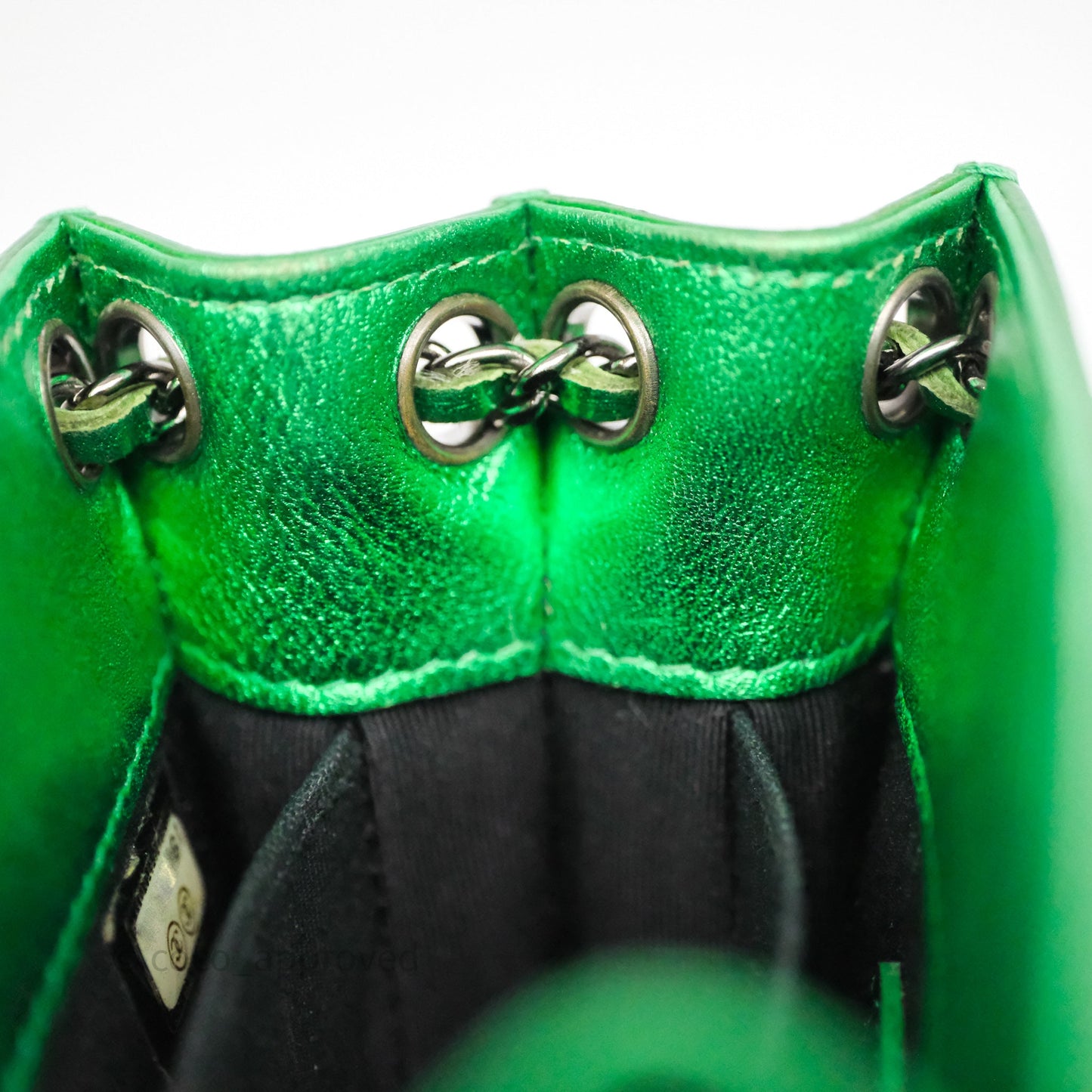 Chanel CC Phone Holder Metallic Green Patent Gun Metal Hardware