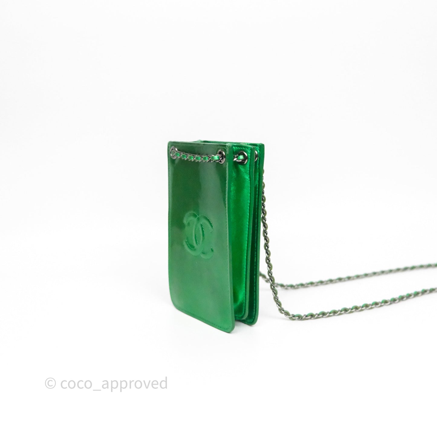 Chanel CC Phone Holder Metallic Green Patent Gun Metal Hardware
