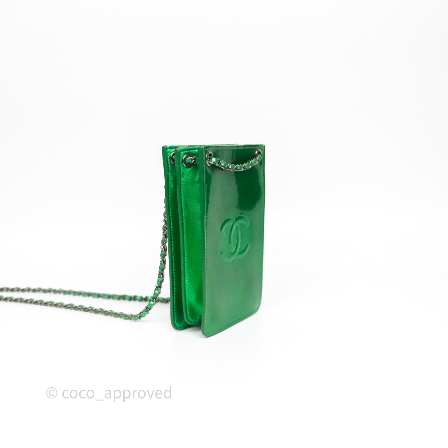Chanel CC Phone Holder Metallic Green Patent Gun Metal Hardware