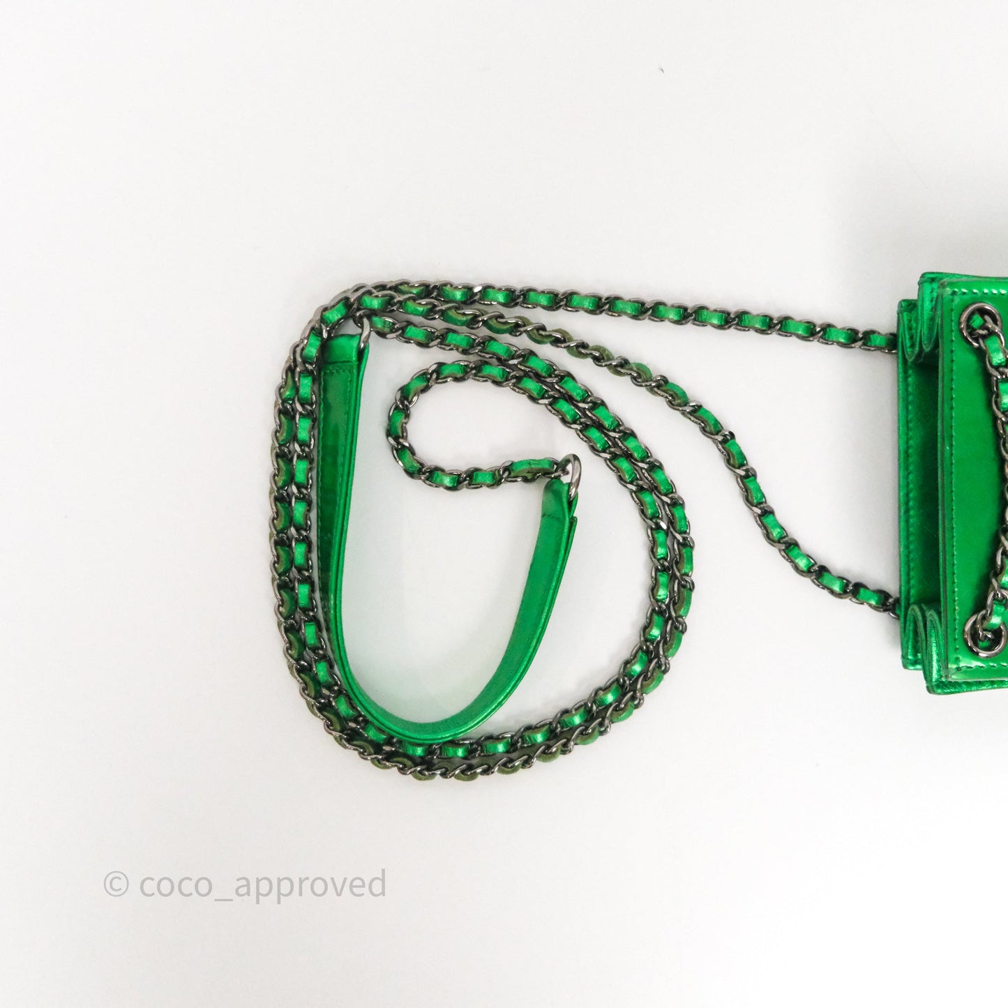 Chanel CC Phone Holder Metallic Green Patent Gun Metal Hardware