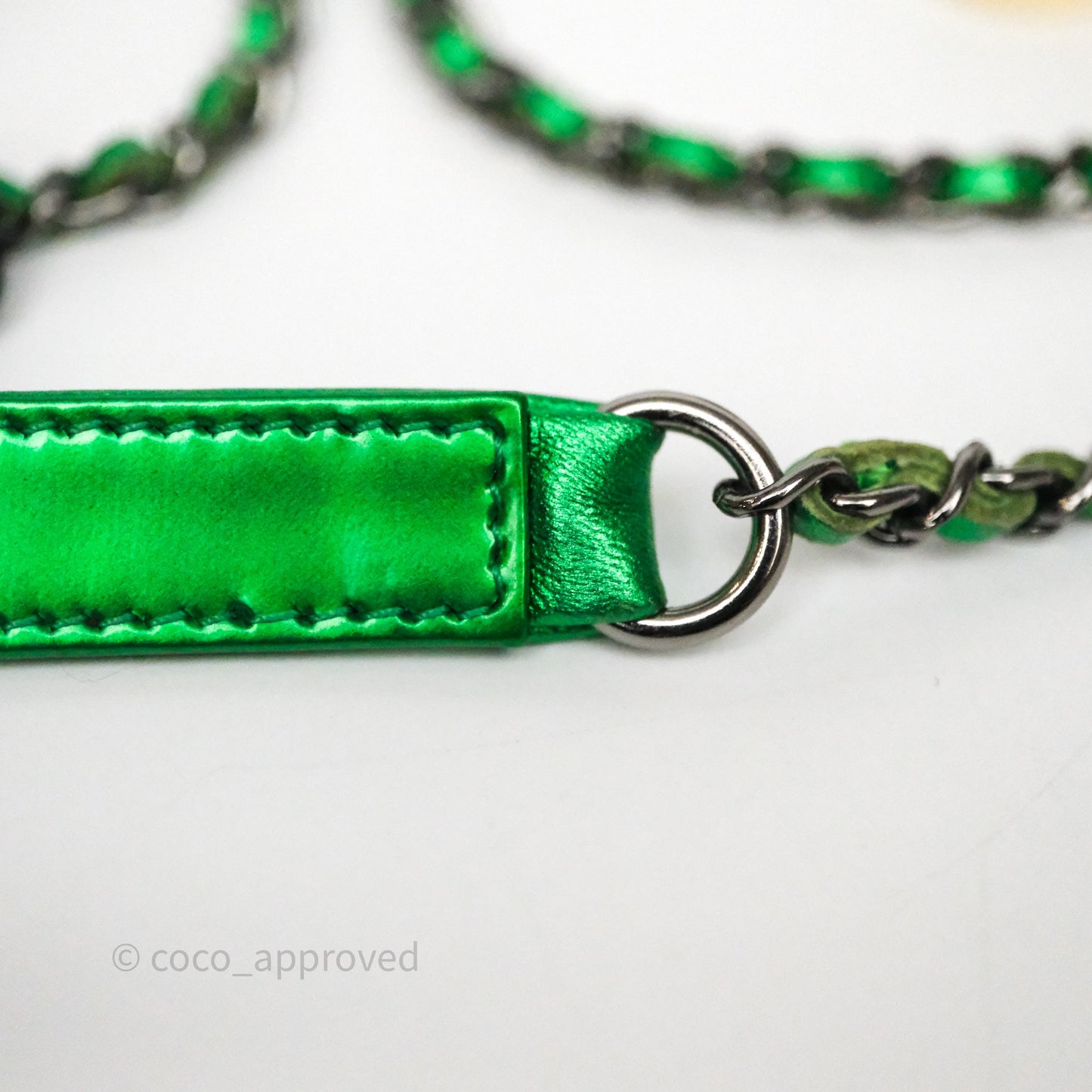 Chanel CC Phone Holder Metallic Green Patent Gun Metal Hardware