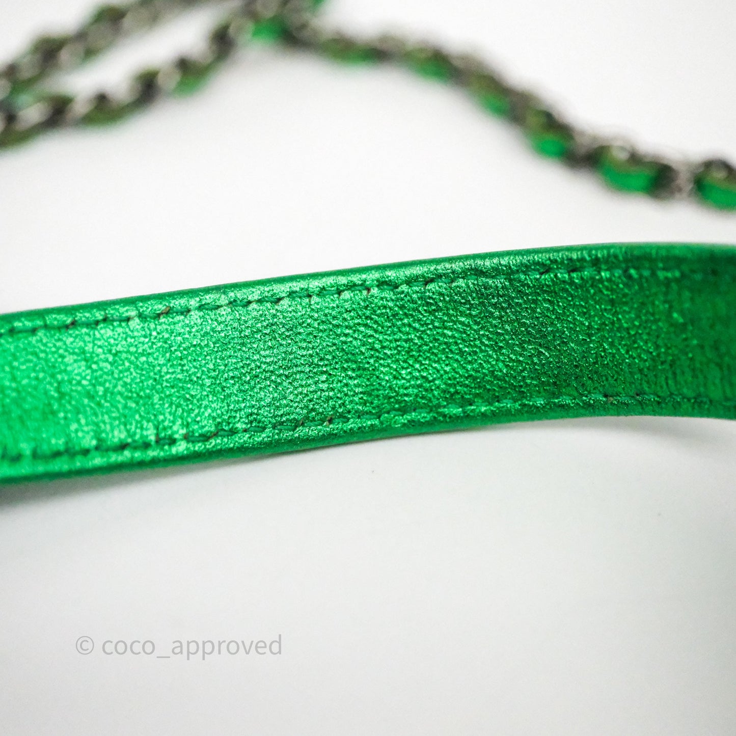 Chanel CC Phone Holder Metallic Green Patent Gun Metal Hardware