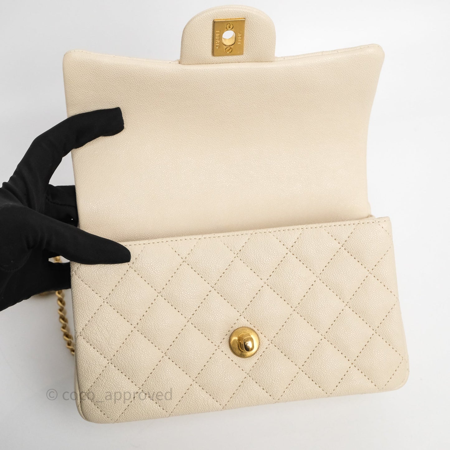 Chanel Top Handle Mini Rectangular Flap Bag Ivory Beige Caviar Gold Hardware