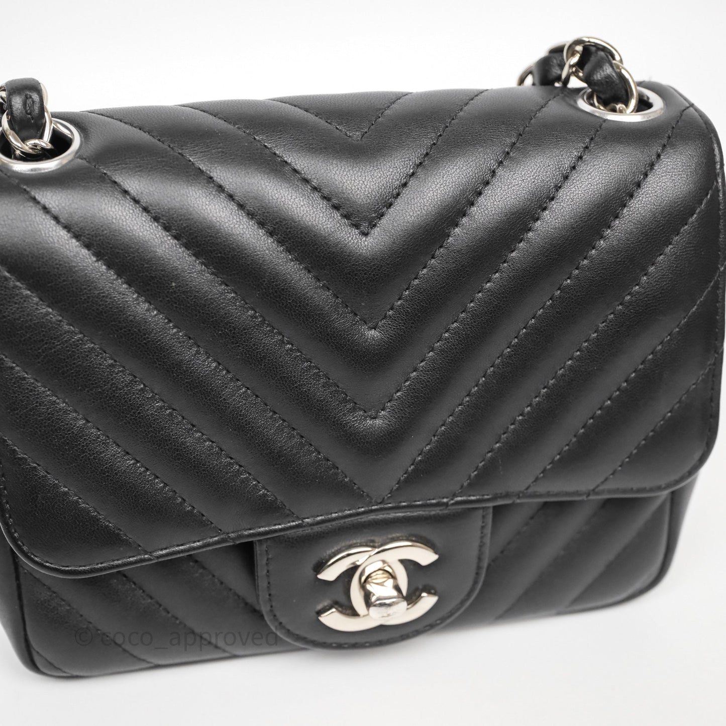 Chanel Mini Square Black Lambskin Chervon Bag Silver Hardware