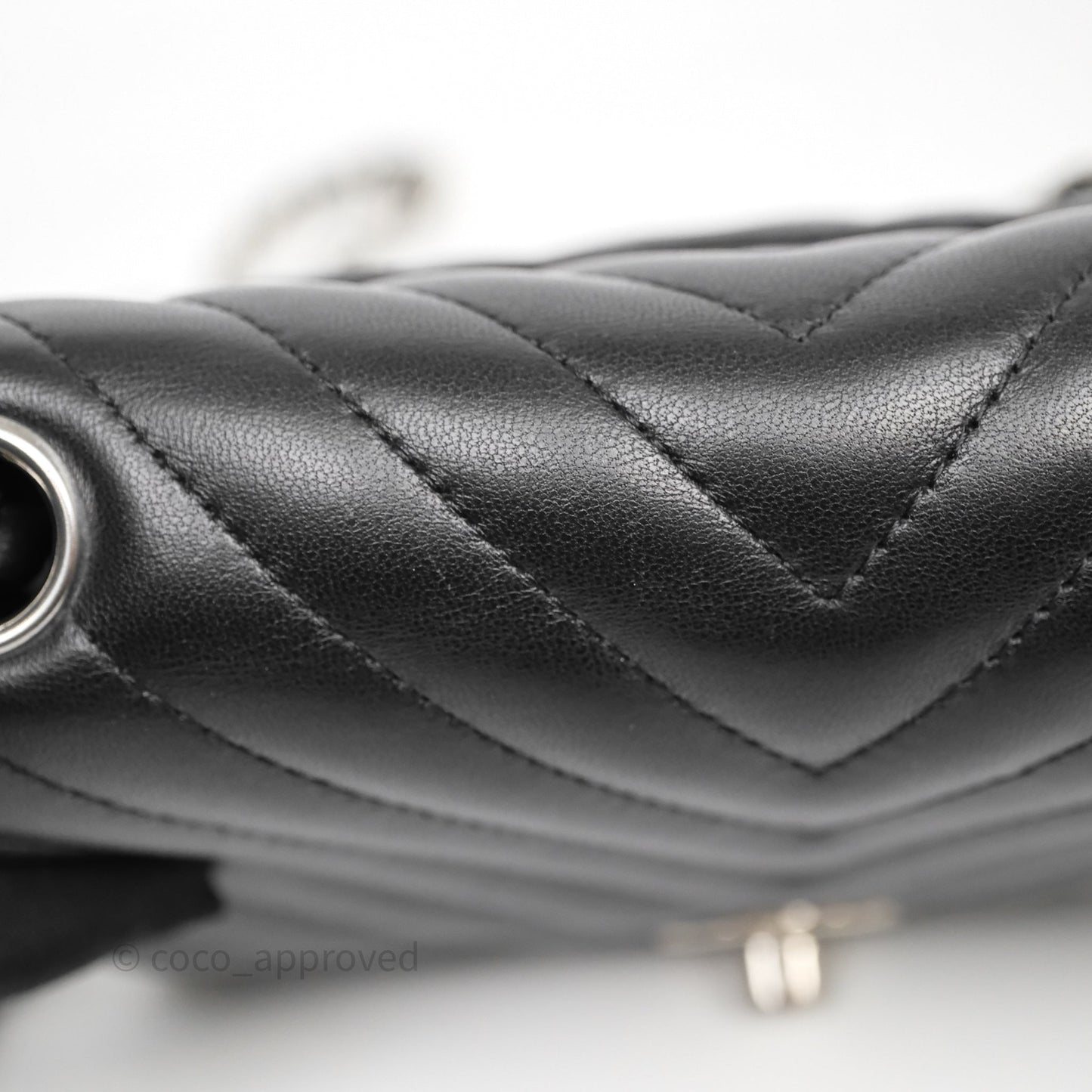 Chanel Mini Square Black Lambskin Chervon Bag Silver Hardware
