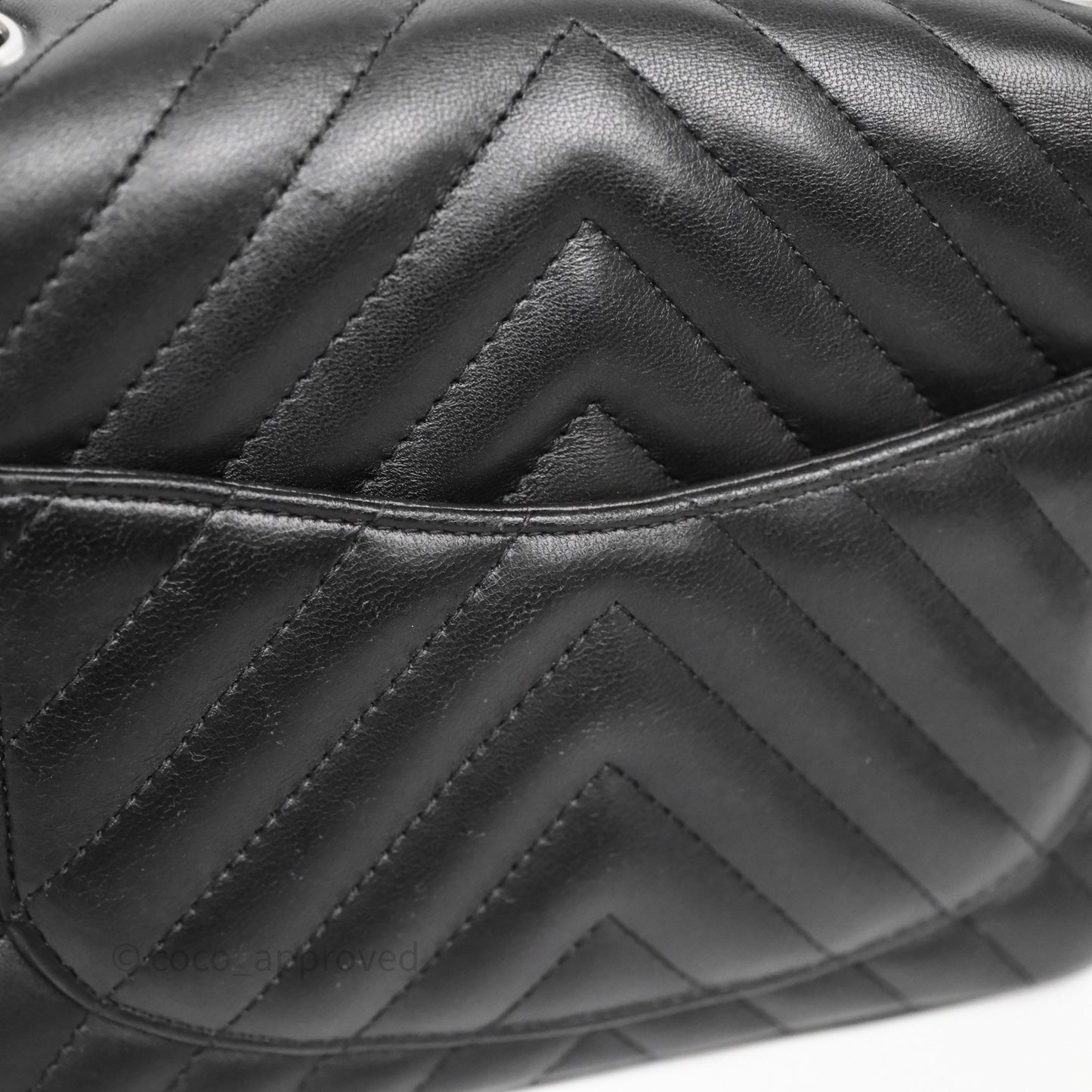 Chanel Mini Square Black Lambskin Chervon Bag Silver Hardware