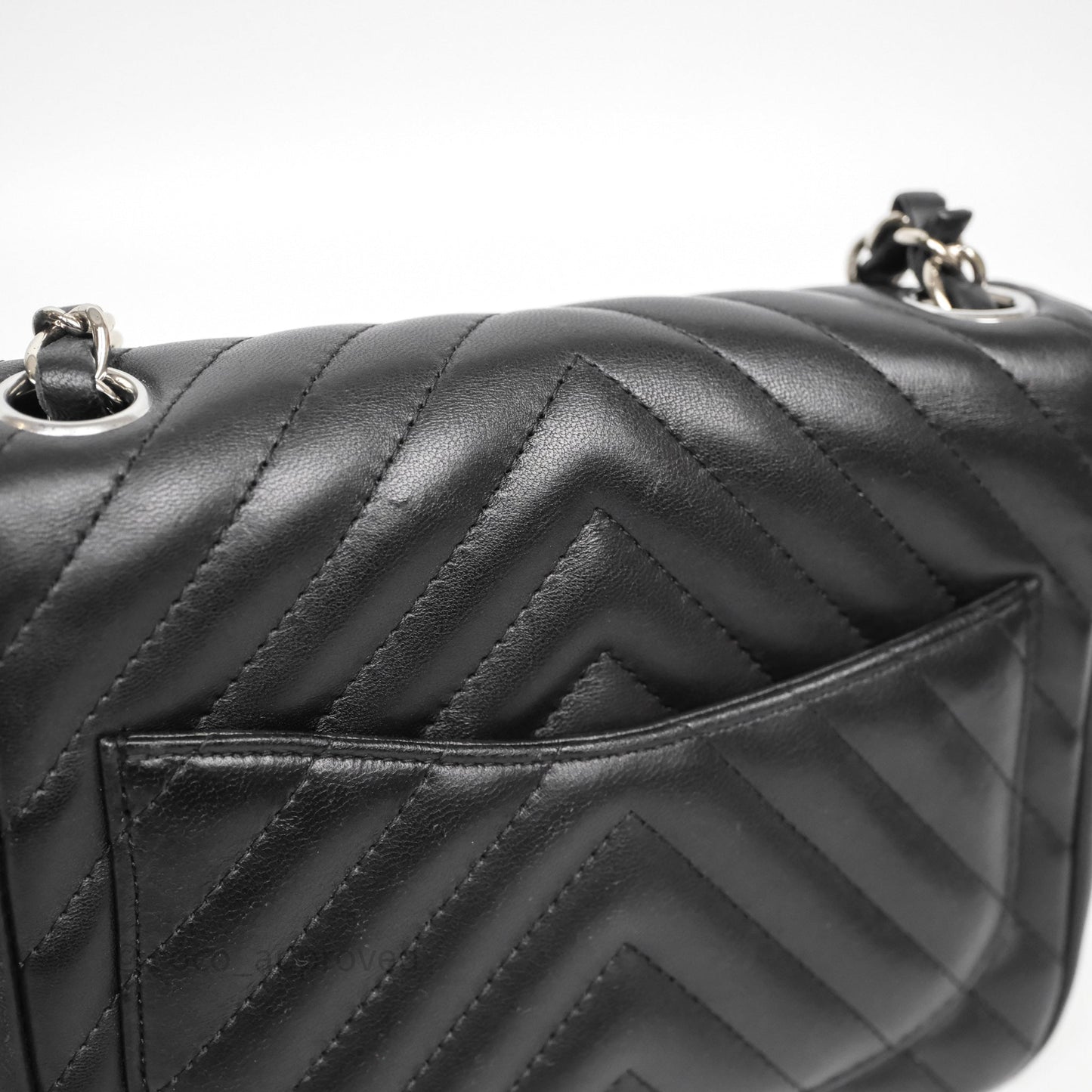 Chanel Mini Square Black Lambskin Chervon Bag Silver Hardware