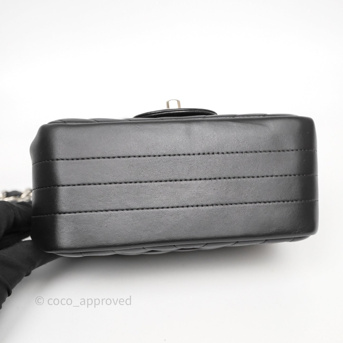 Chanel Mini Square Black Lambskin Chervon Bag Silver Hardware