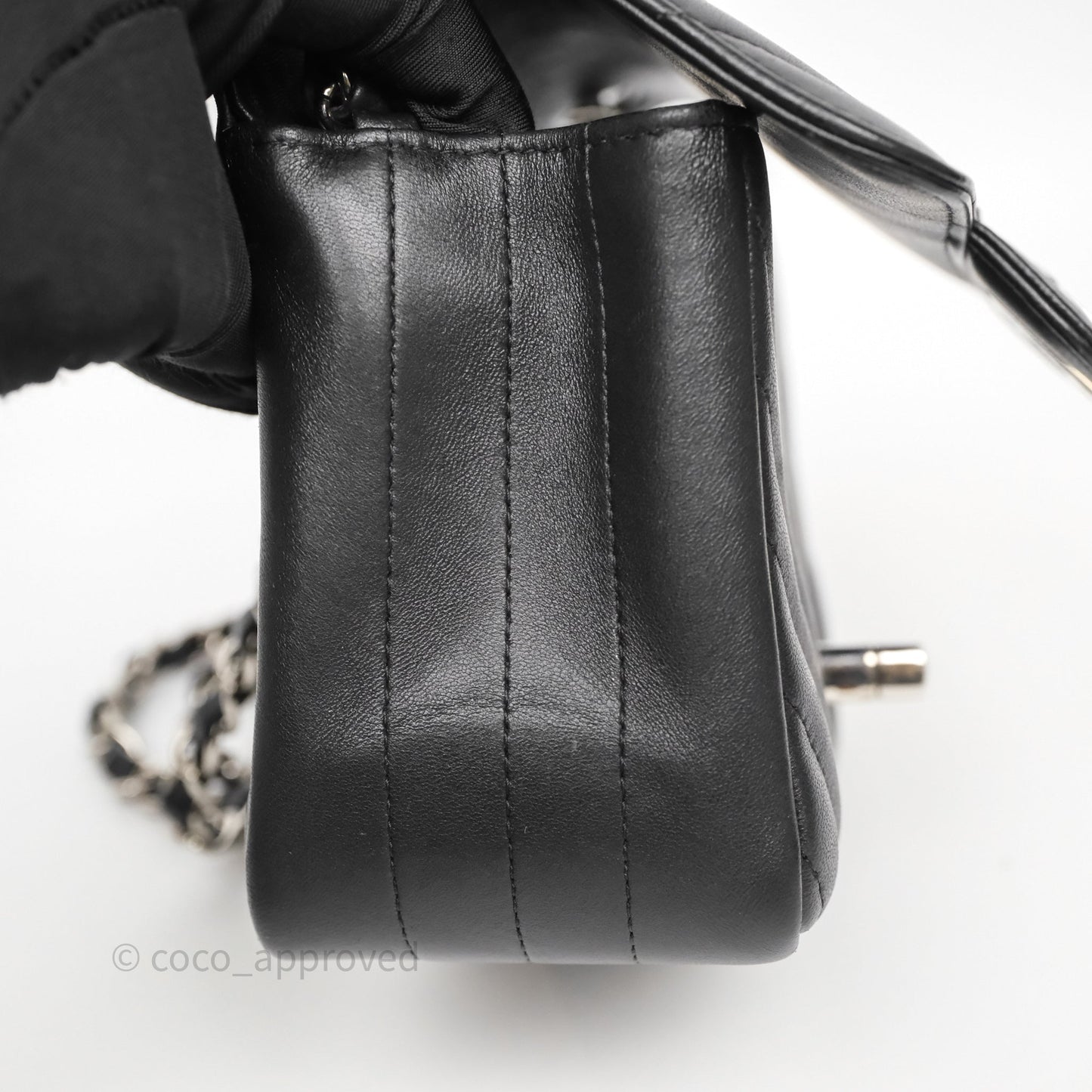 Chanel Mini Square Black Lambskin Chervon Bag Silver Hardware