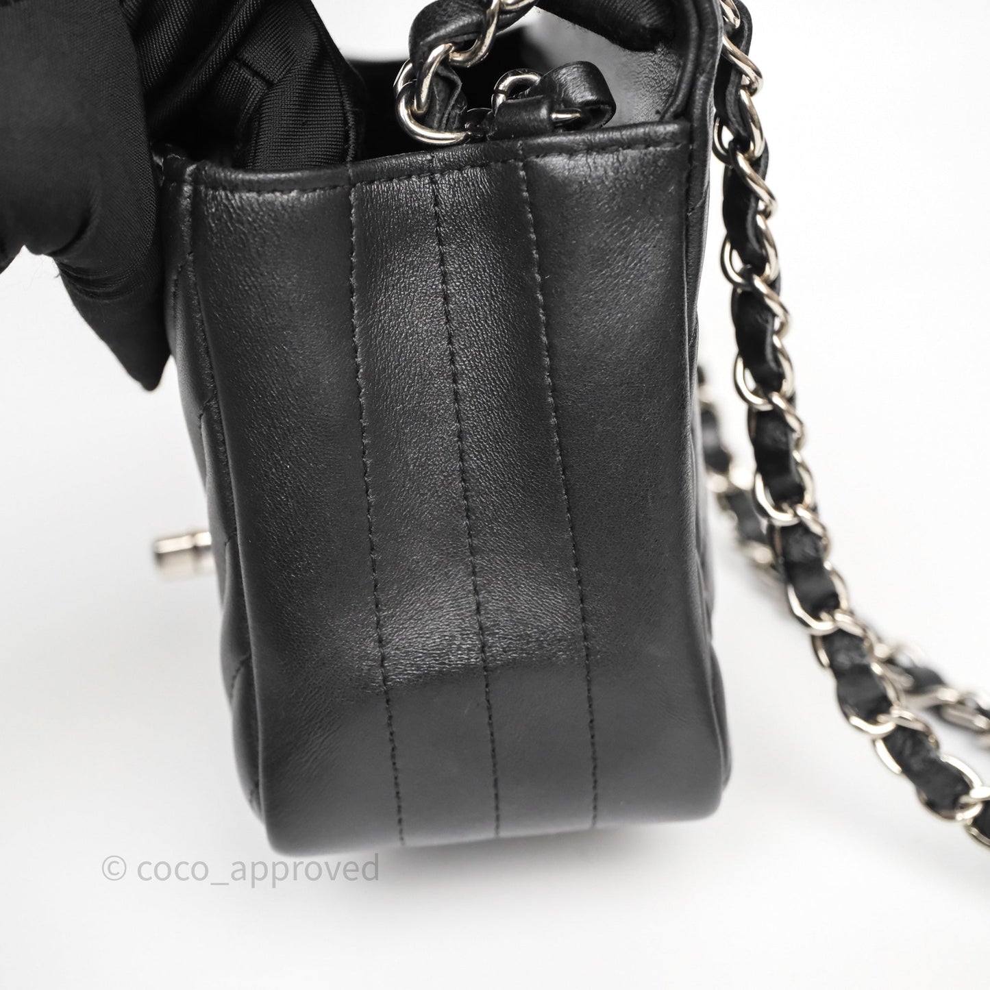 Chanel Mini Square Black Lambskin Chervon Bag Silver Hardware