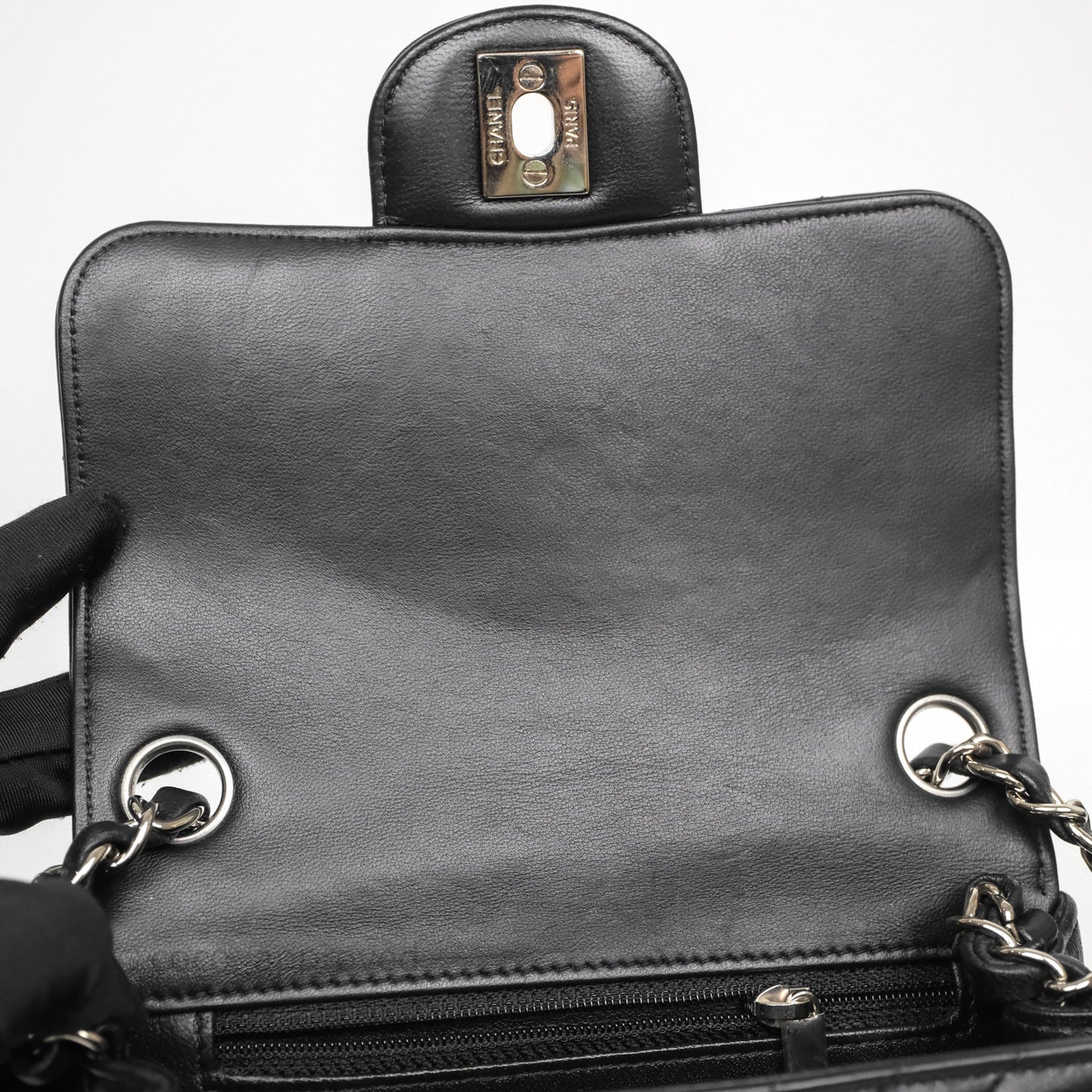 Chanel Mini Square Black Lambskin Chervon Bag Silver Hardware