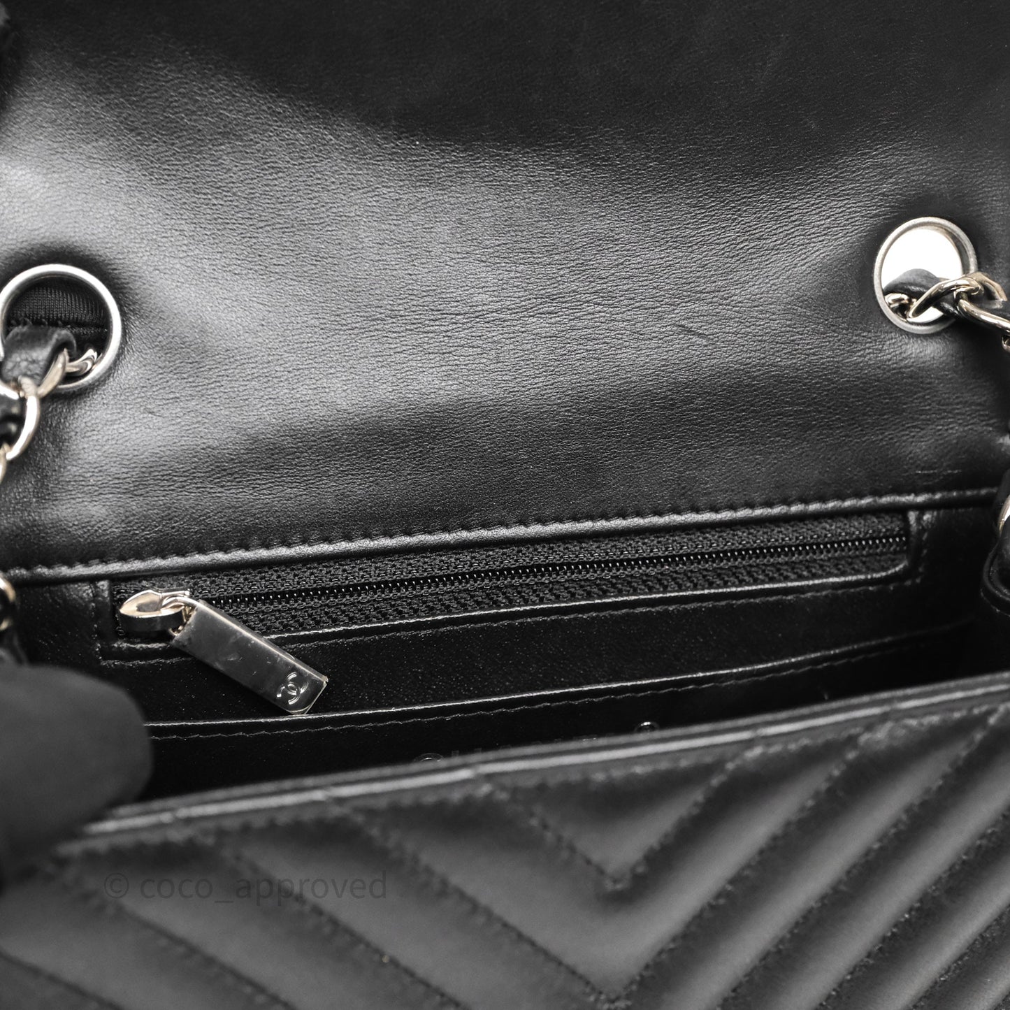 Chanel Mini Square Black Lambskin Chervon Bag Silver Hardware