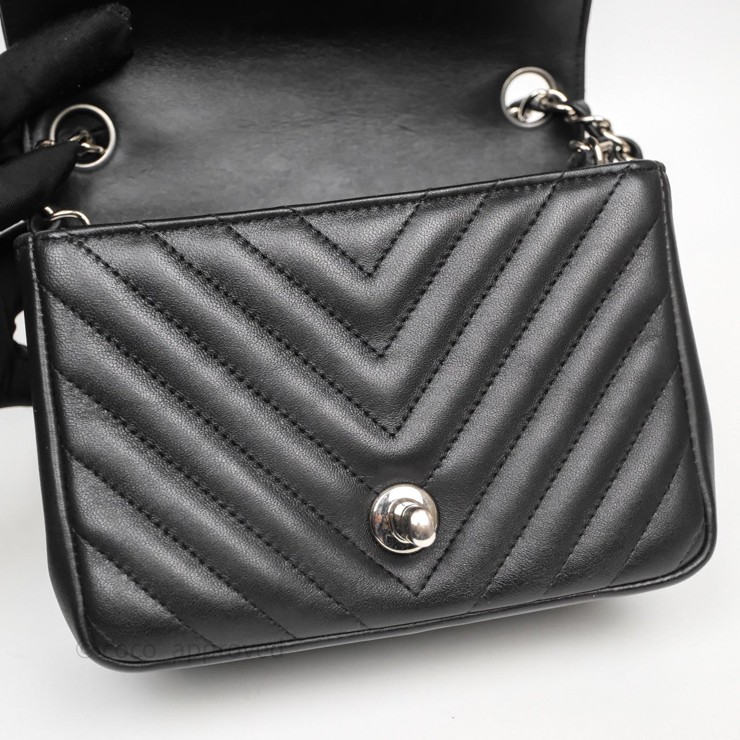 Chanel Mini Square Black Lambskin Chervon Bag Silver Hardware