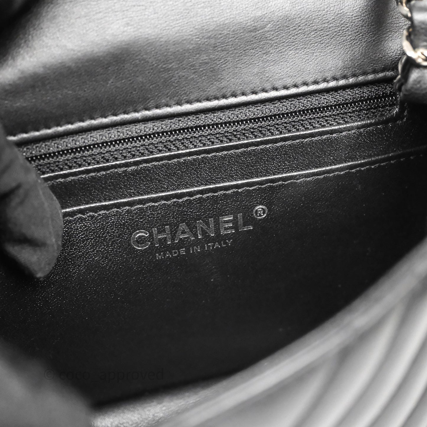 Chanel Mini Square Black Lambskin Chervon Bag Silver Hardware