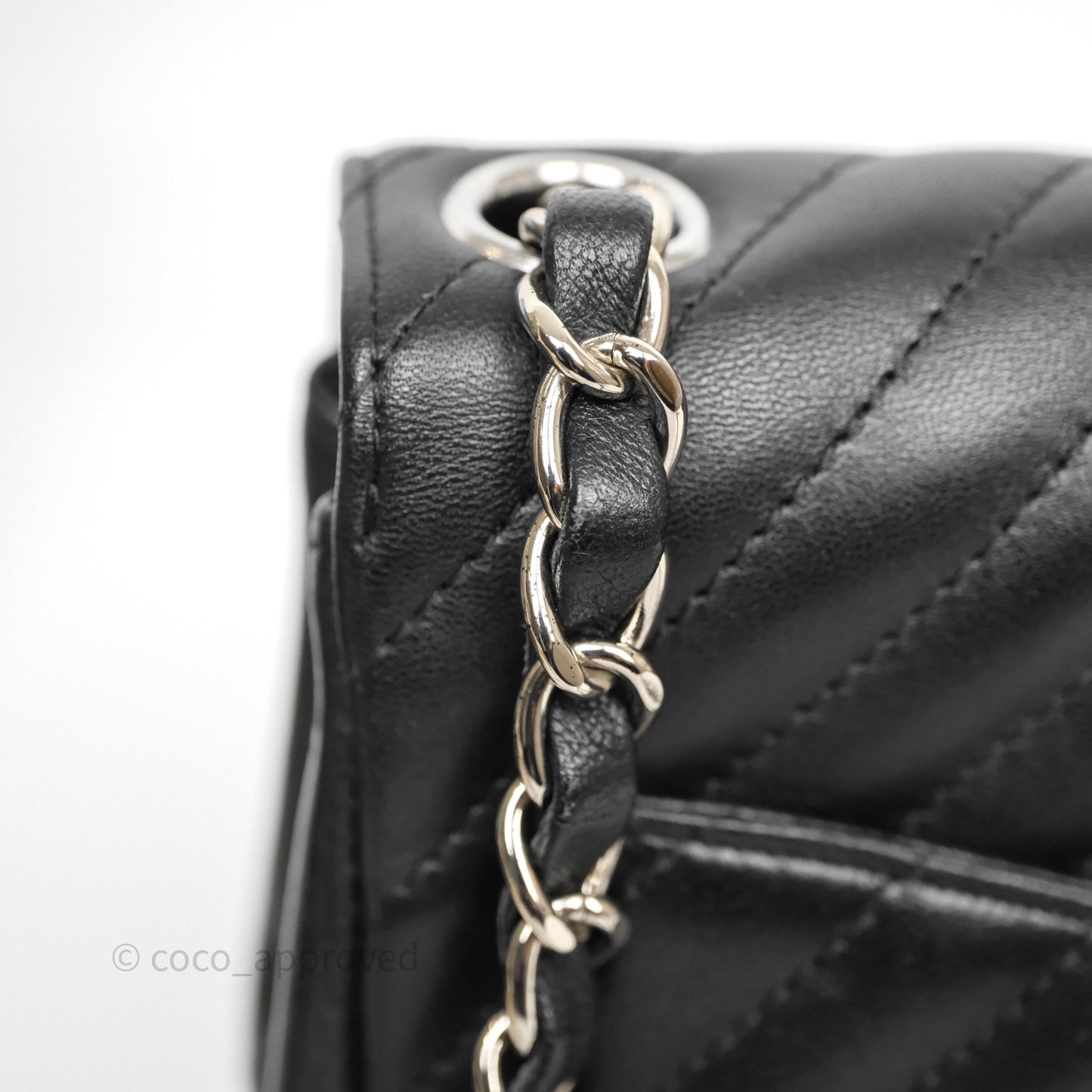 Chanel Mini Square Black Lambskin Chervon Bag Silver Hardware